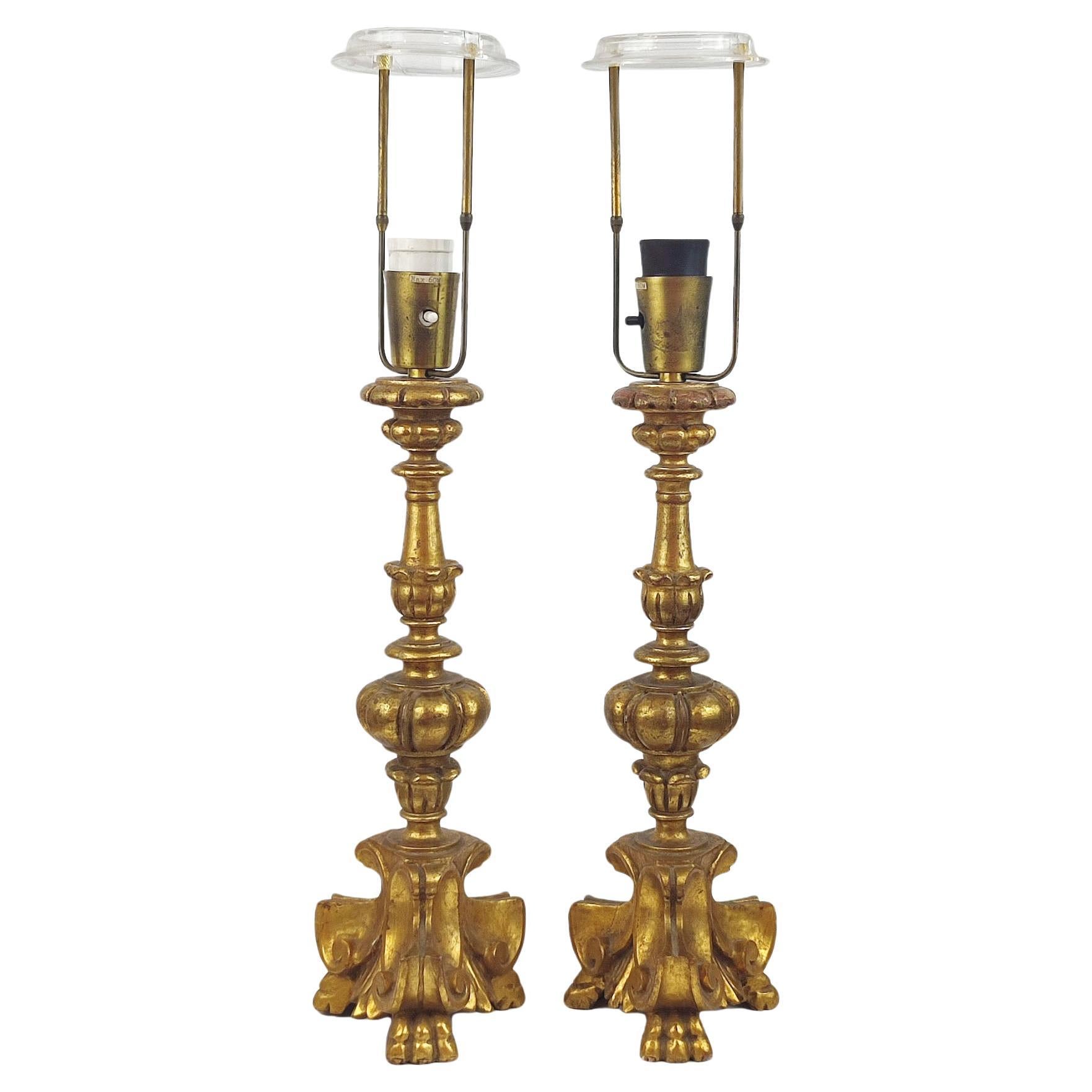 Pair of Italian Gilt Wood Italian Table Lamps 19th Century For Sale
