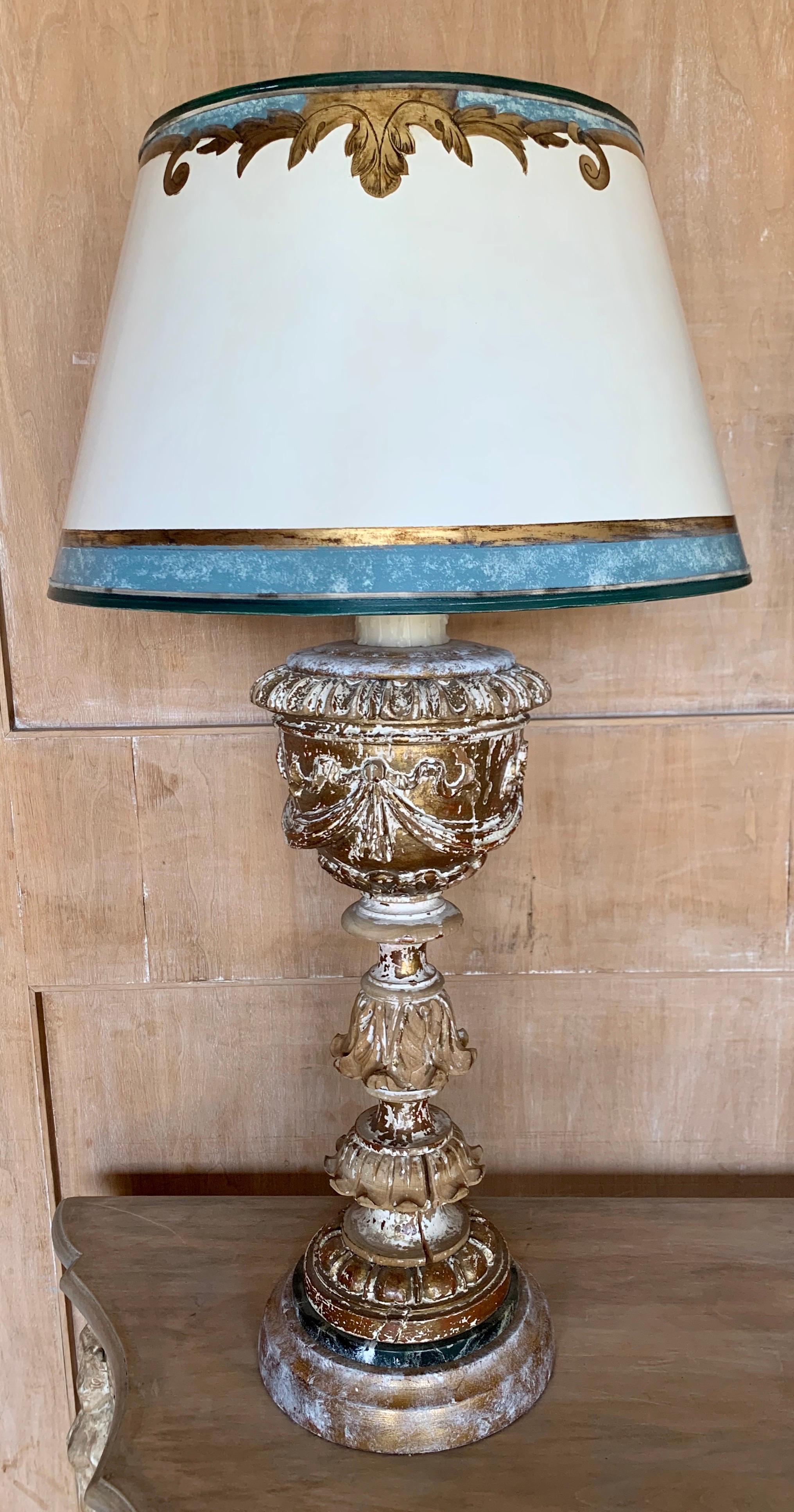 Baroque Pair of Italian Giltwood Lamps with Parchment Shades