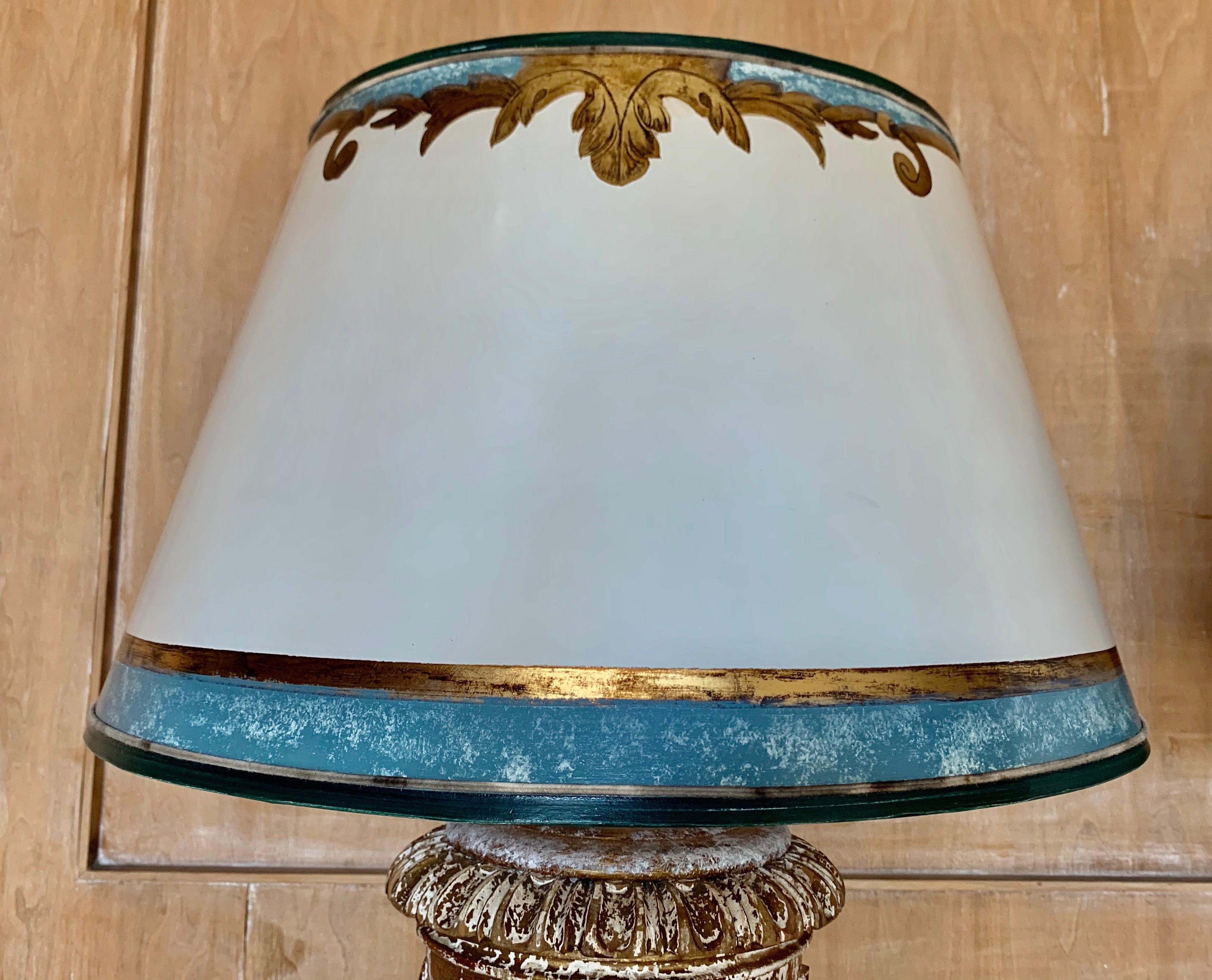 Pair of Italian Giltwood Lamps with Parchment Shades In Distressed Condition In Los Angeles, CA