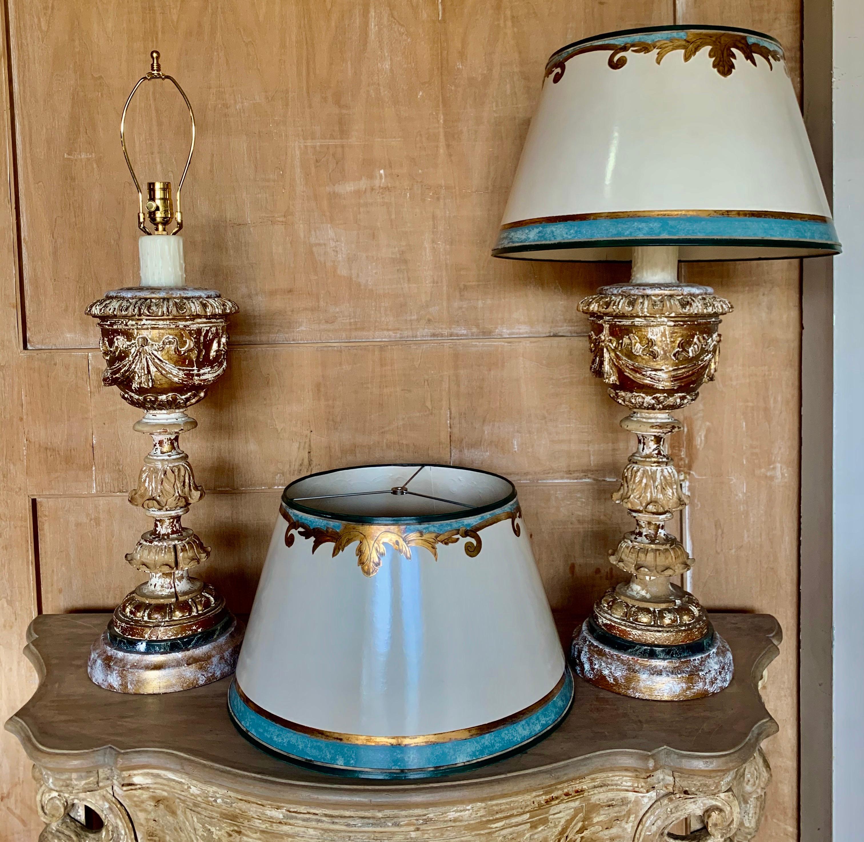 Pair of Italian Giltwood Lamps with Parchment Shades 3