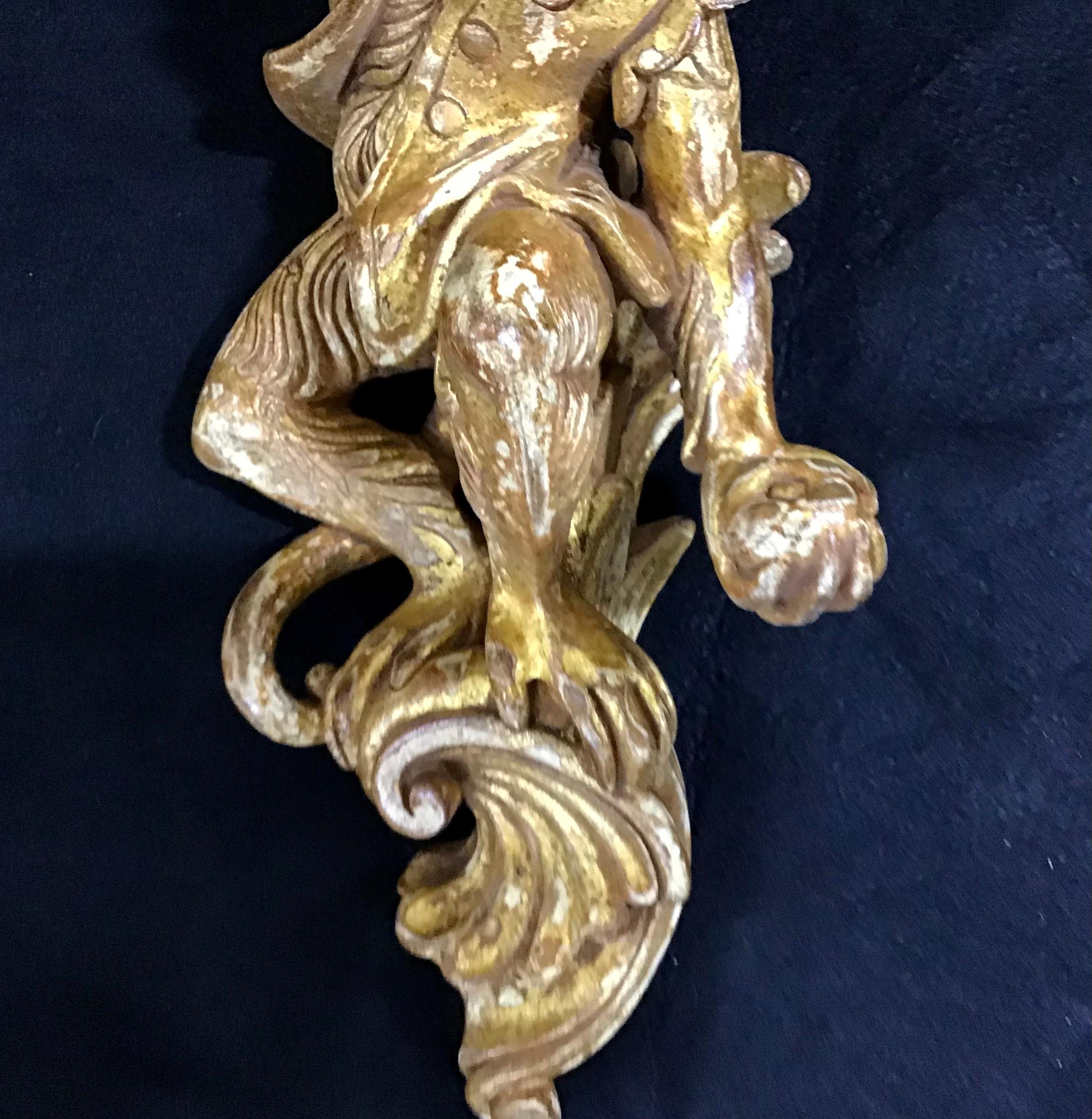 Hollywood Regency Pair of Italian Gilt Wood Monkey Wall Brackets