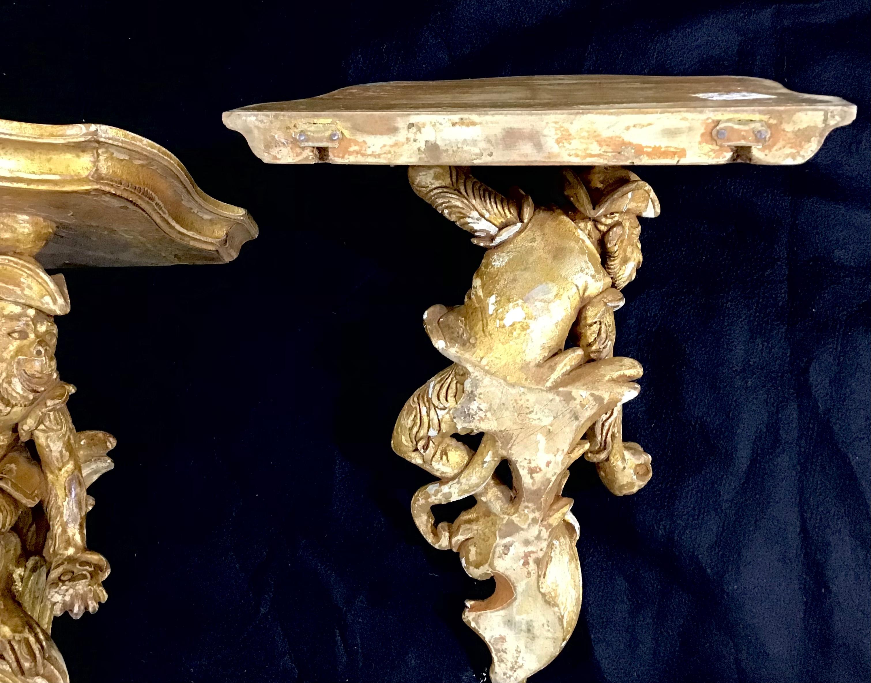 Carved Pair of Italian Gilt Wood Monkey Wall Brackets