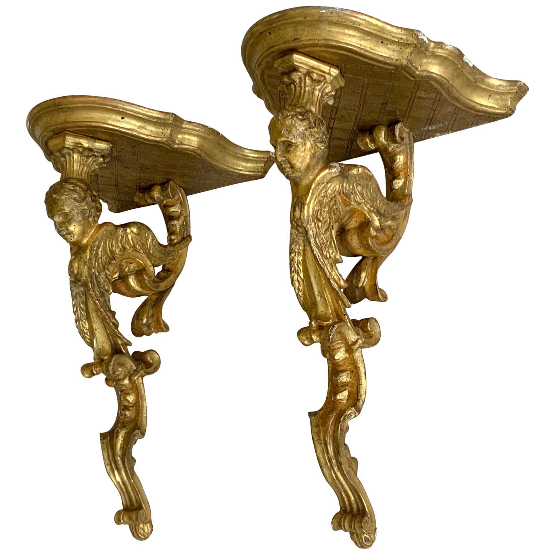 Pair of Italian Giltwood Sphinx Wall Shelves, 18th Century, Directoire Period