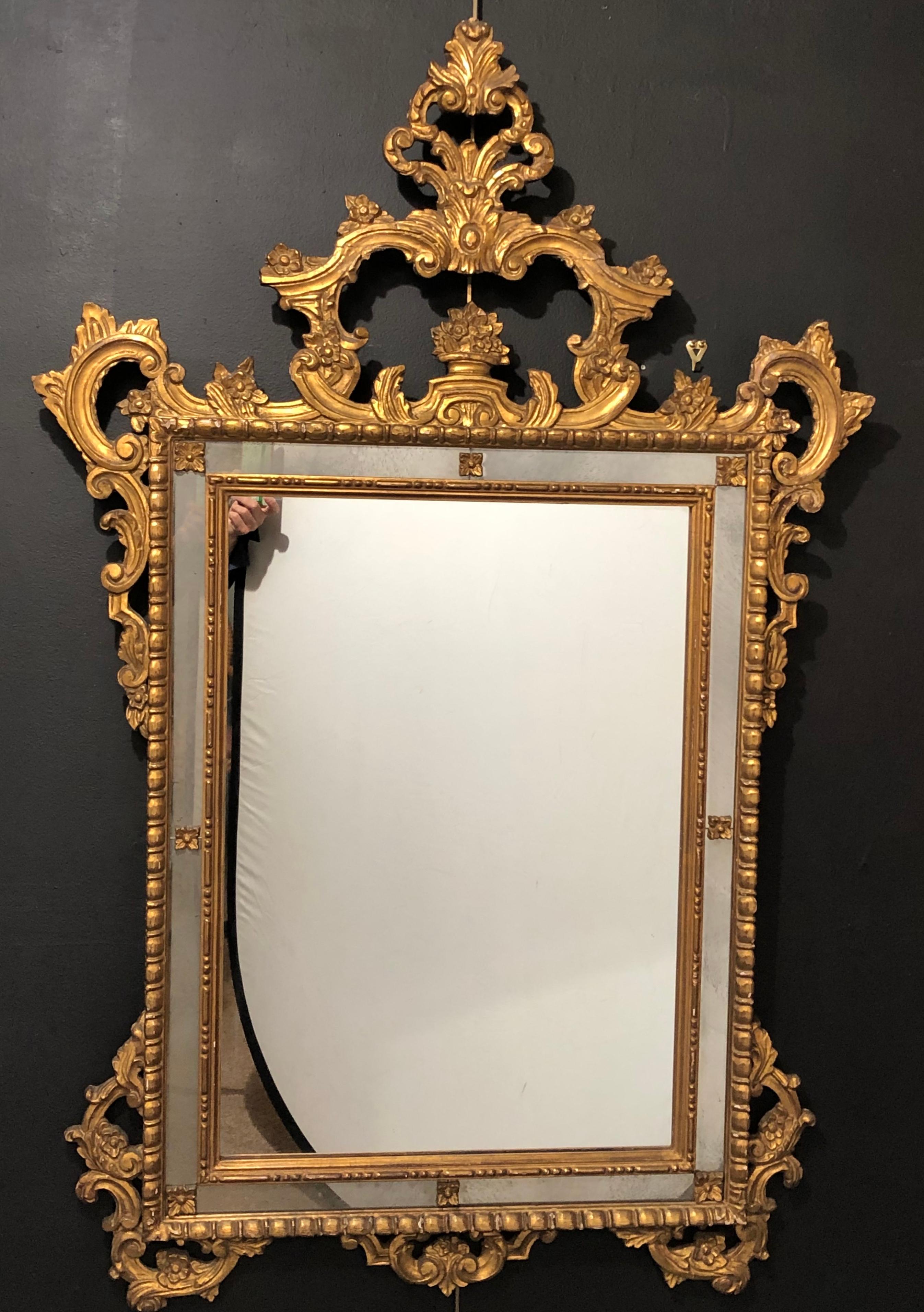 Pair of Italian Giltwood Wall / Console Mirrors, Frosted Border Finely Carved 1
