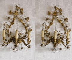 Pair of Italian Gilt Wrought Iron Crystal Flower Thee-Light Wall Sconces, 1930s