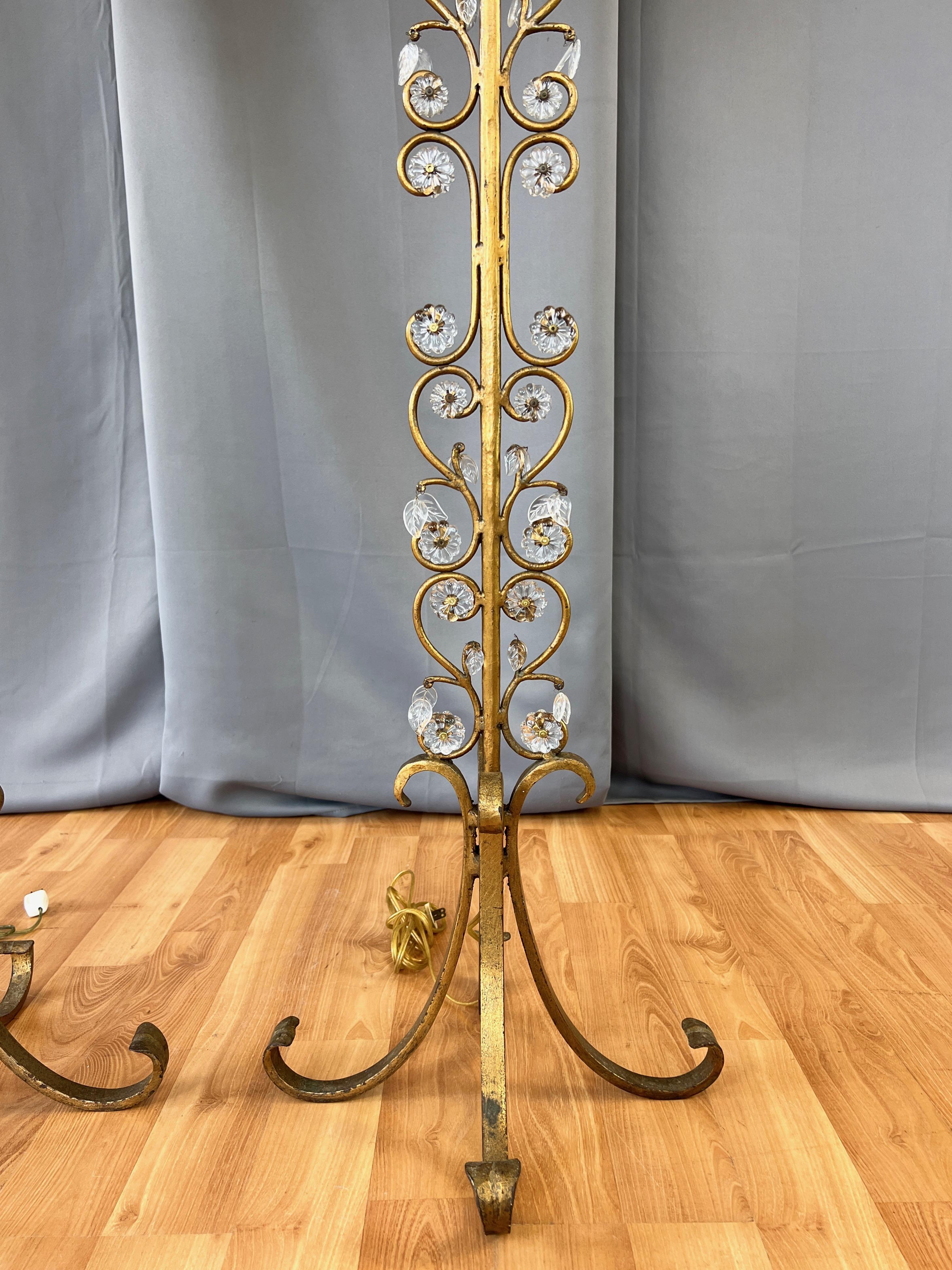 Pair of Italian Gilt Wrought Iron Floor Lamps with Glass Florets & Leaves, 1950s For Sale 5