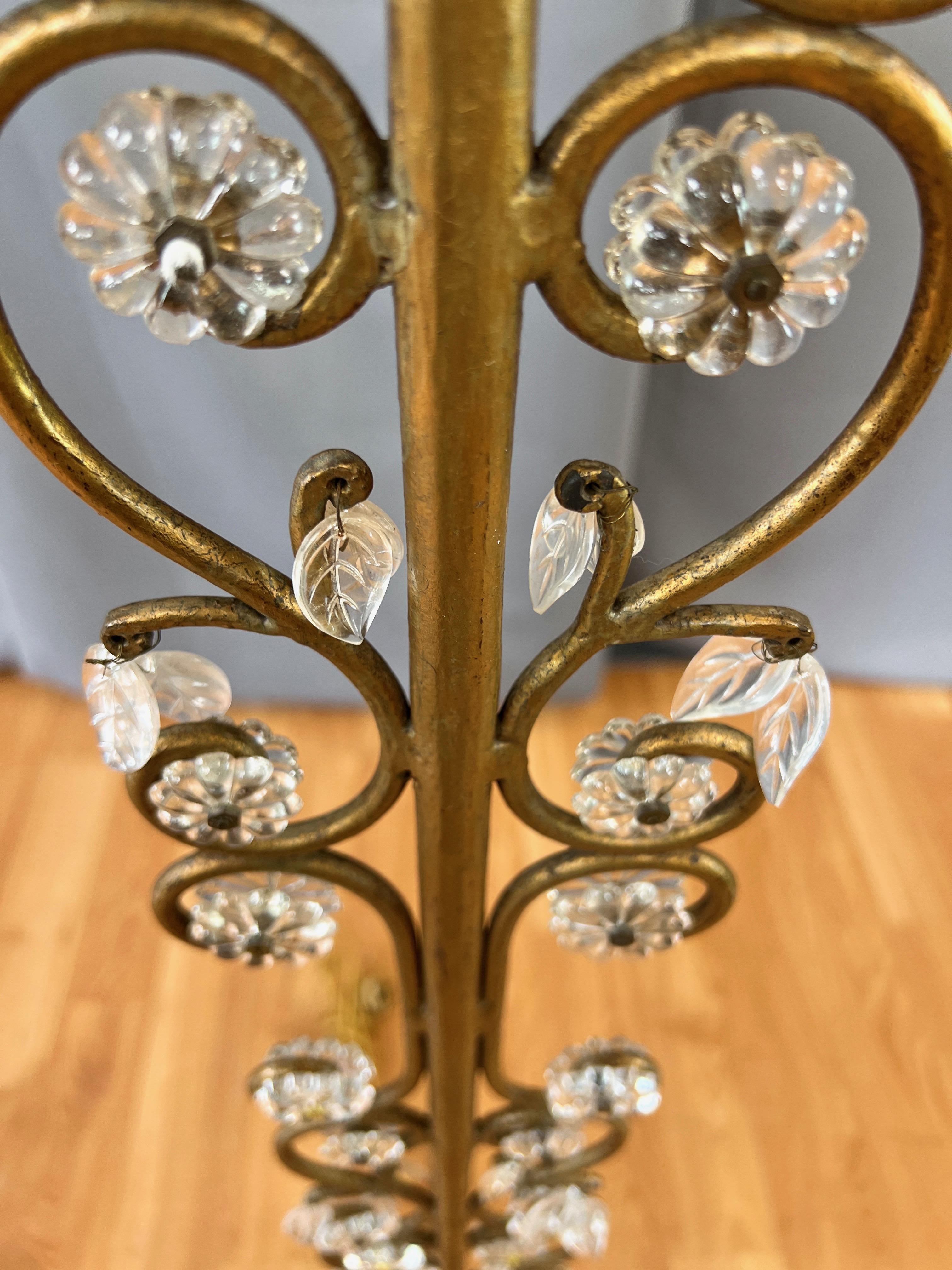 Pair of Italian Gilt Wrought Iron Floor Lamps with Glass Florets & Leaves, 1950s For Sale 7