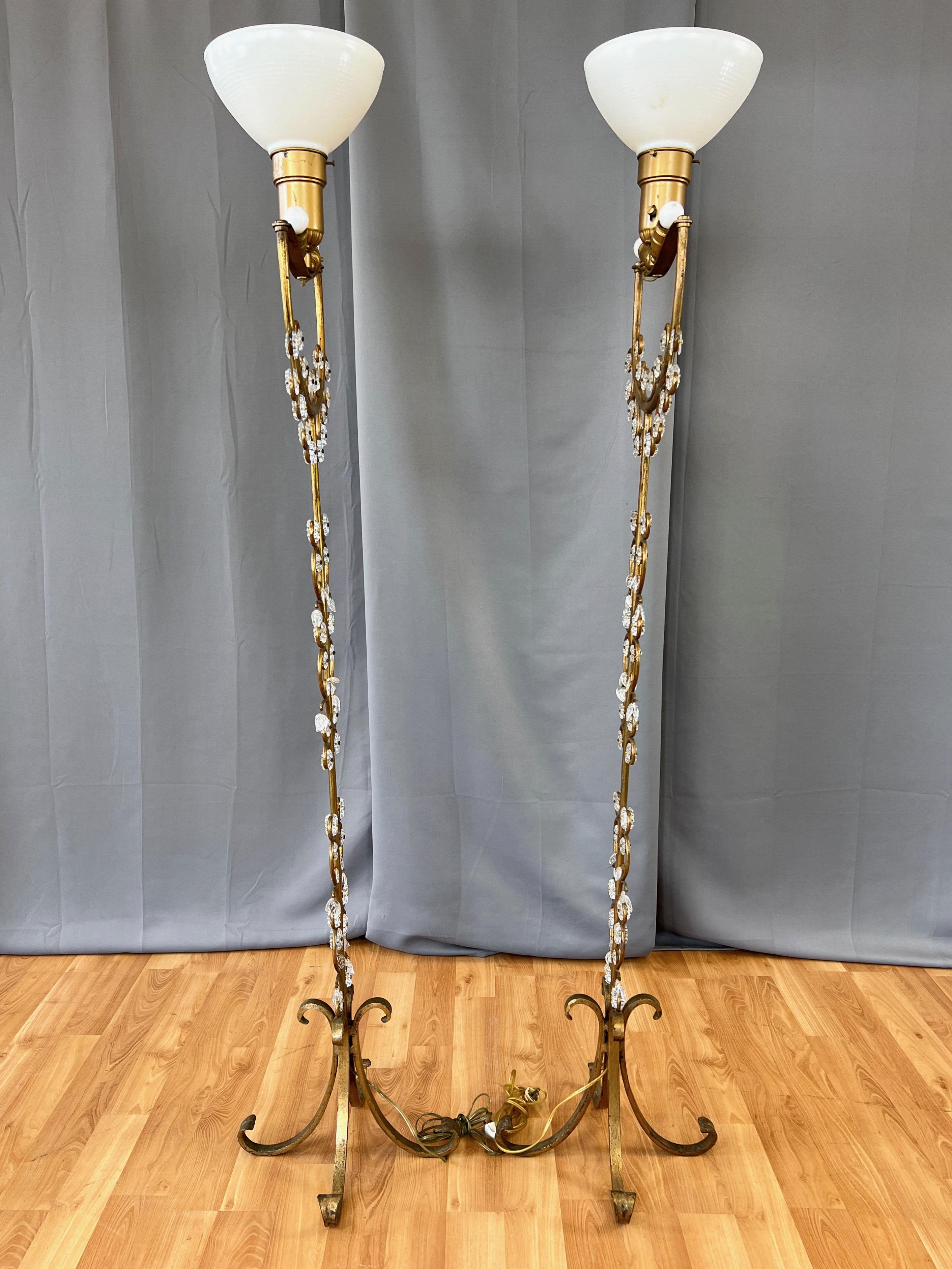 Pair of Italian Gilt Wrought Iron Floor Lamps with Glass Florets & Leaves, 1950s For Sale 9