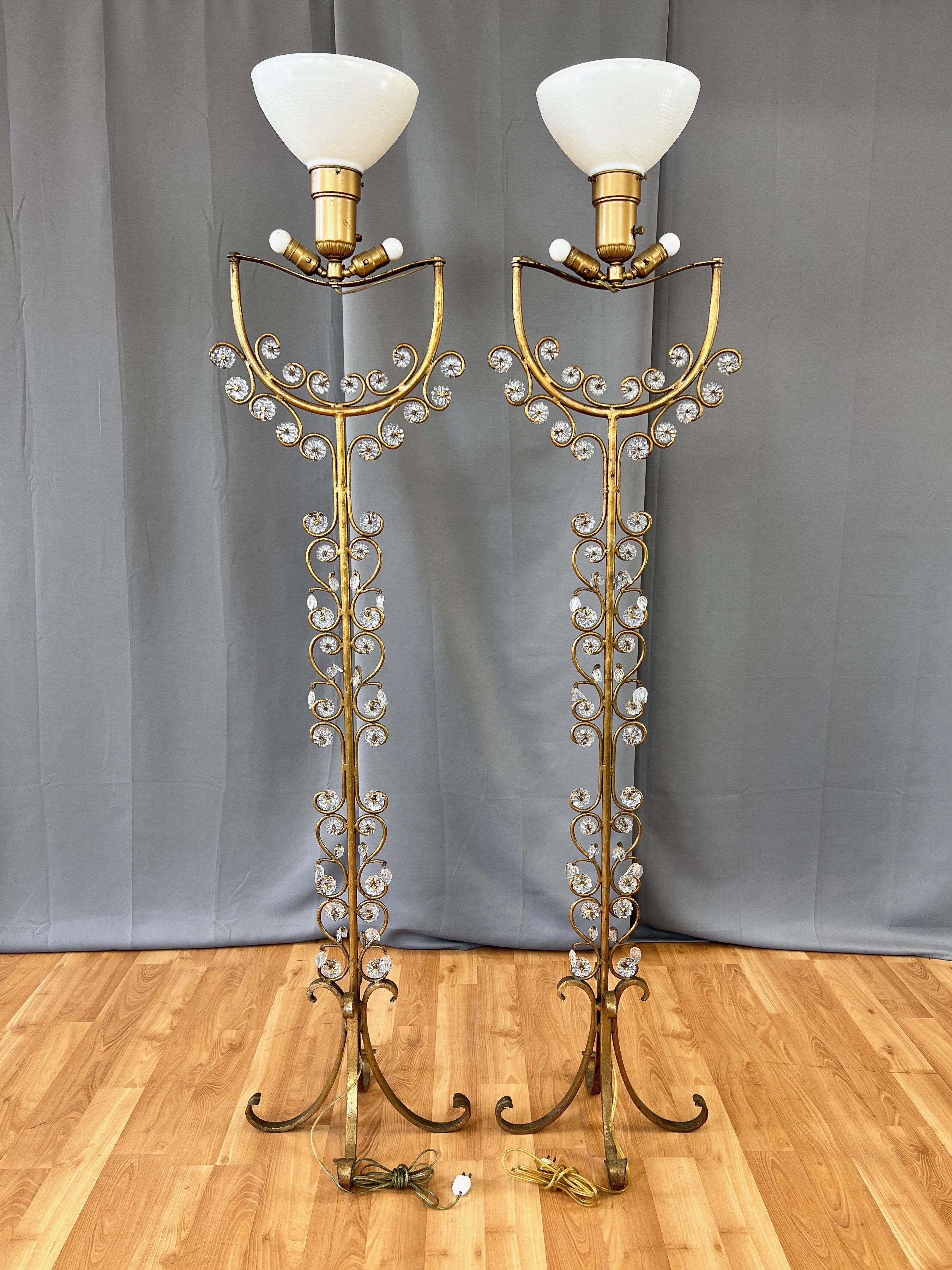 Pair of Italian Gilt Wrought Iron Floor Lamps with Glass Florets & Leaves, 1950s For Sale 10