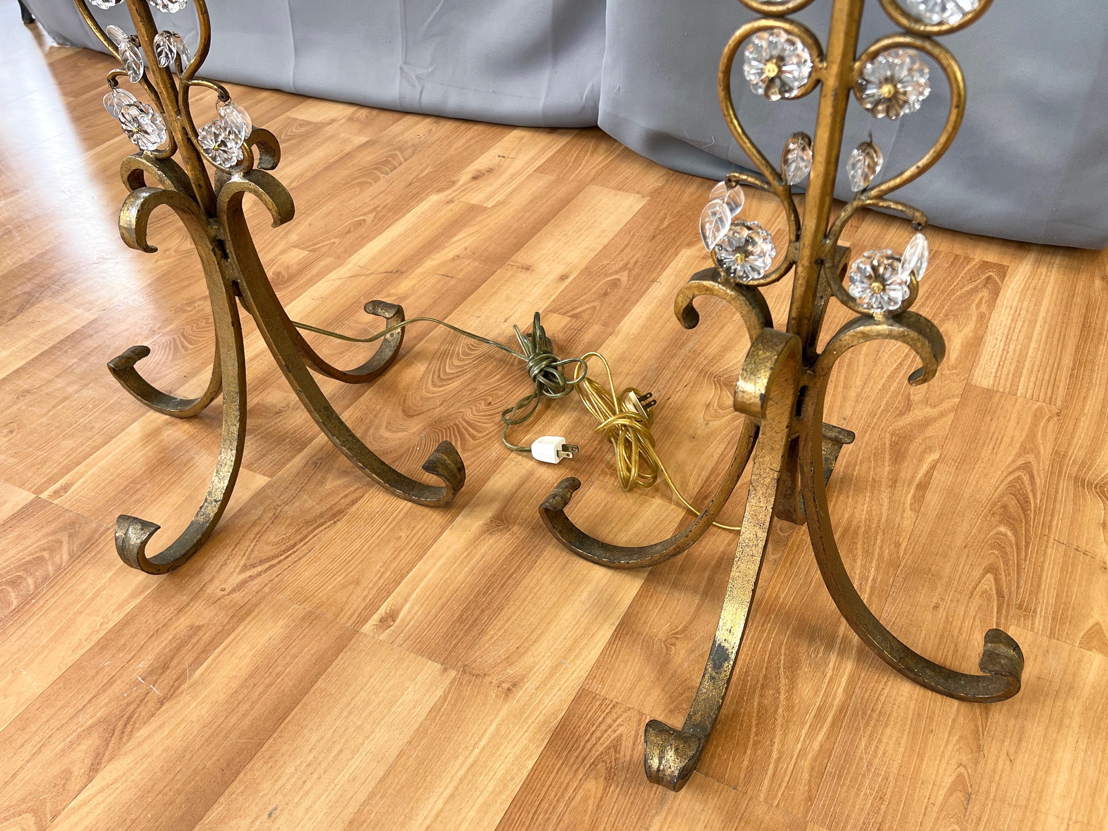 Pair of Italian Gilt Wrought Iron Floor Lamps with Glass Florets & Leaves, 1950s For Sale 14