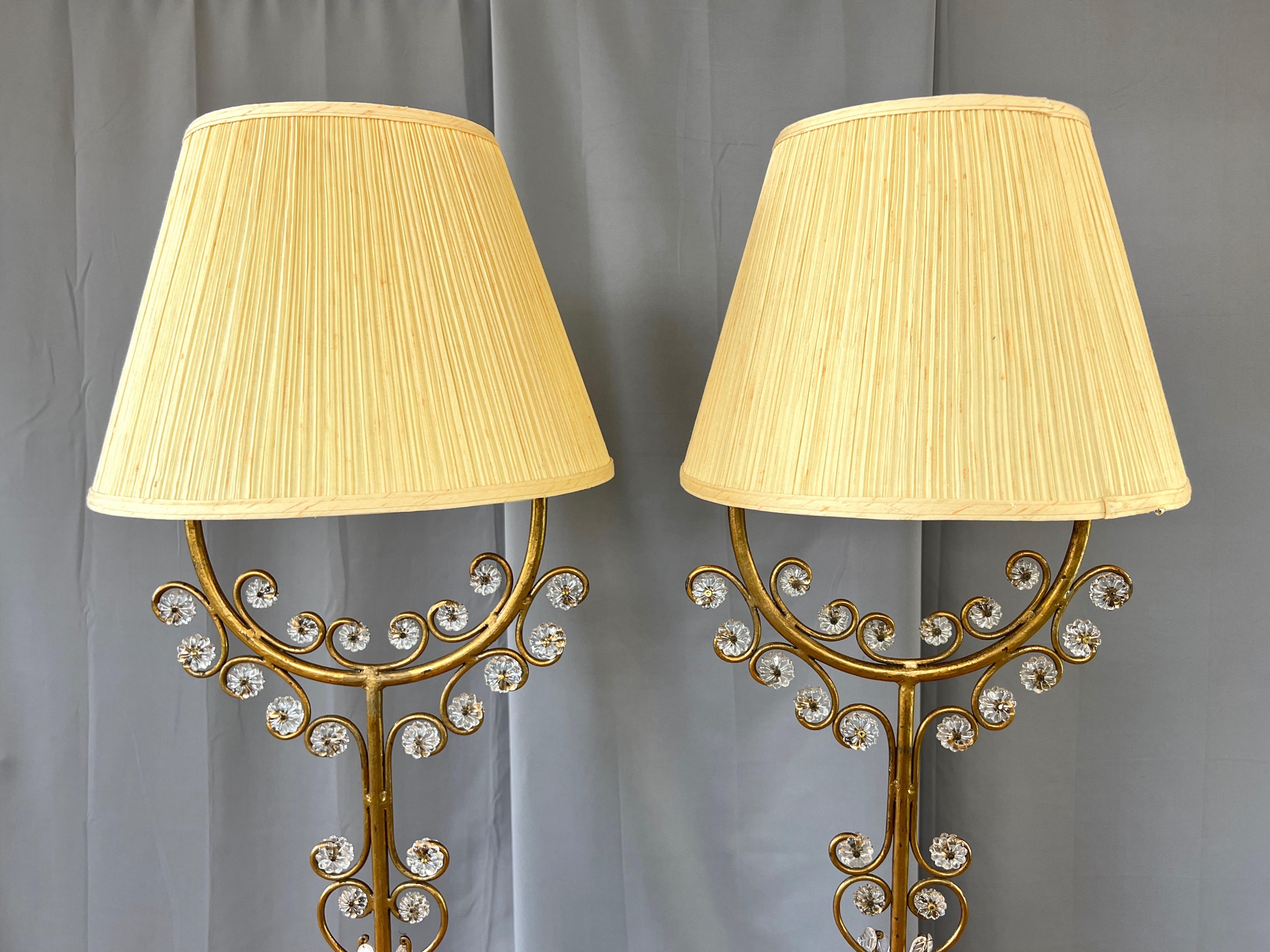 Mid-20th Century Pair of Italian Gilt Wrought Iron Floor Lamps with Glass Florets & Leaves, 1950s For Sale