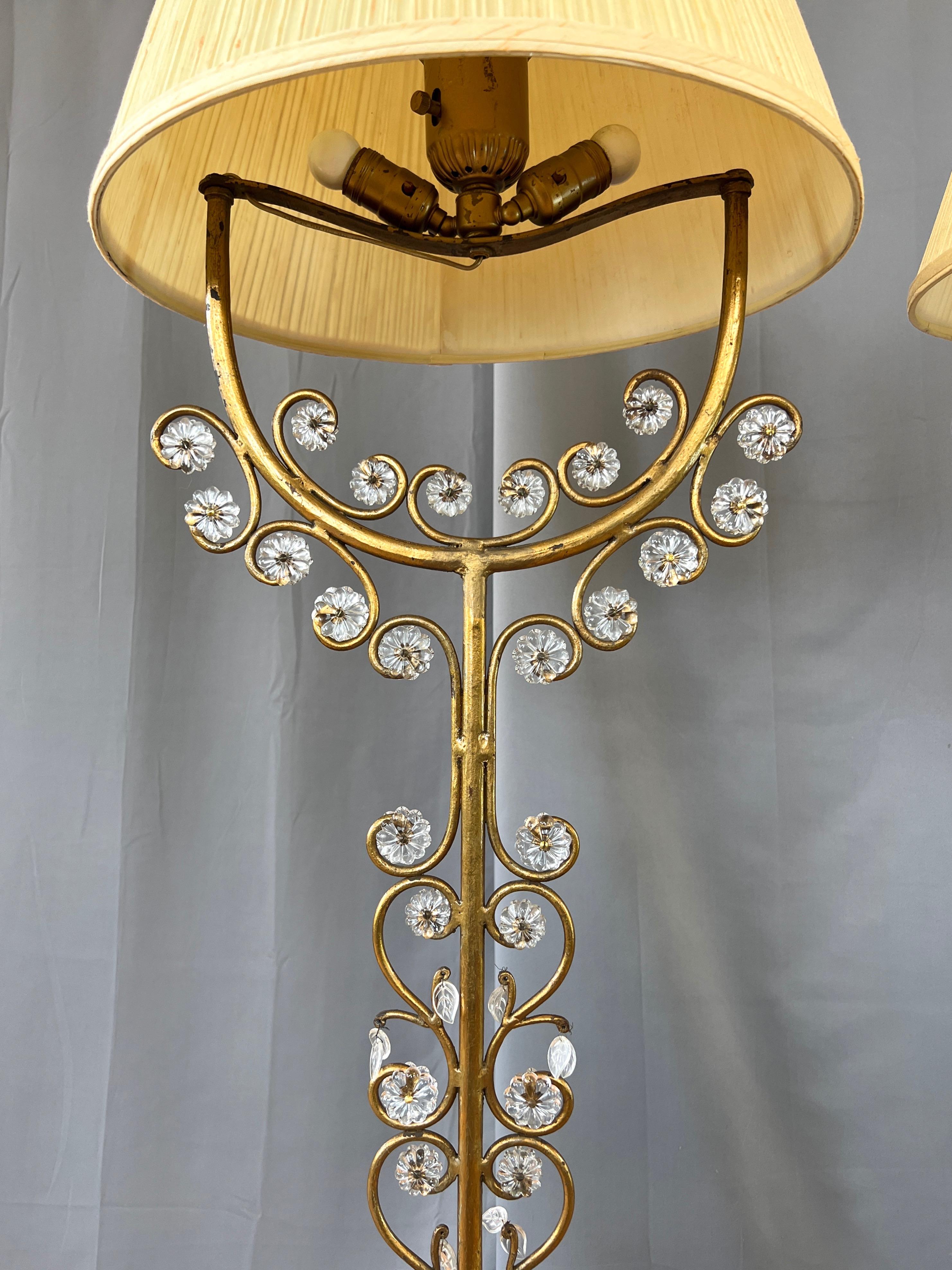 Metal Pair of Italian Gilt Wrought Iron Floor Lamps with Glass Florets & Leaves, 1950s For Sale