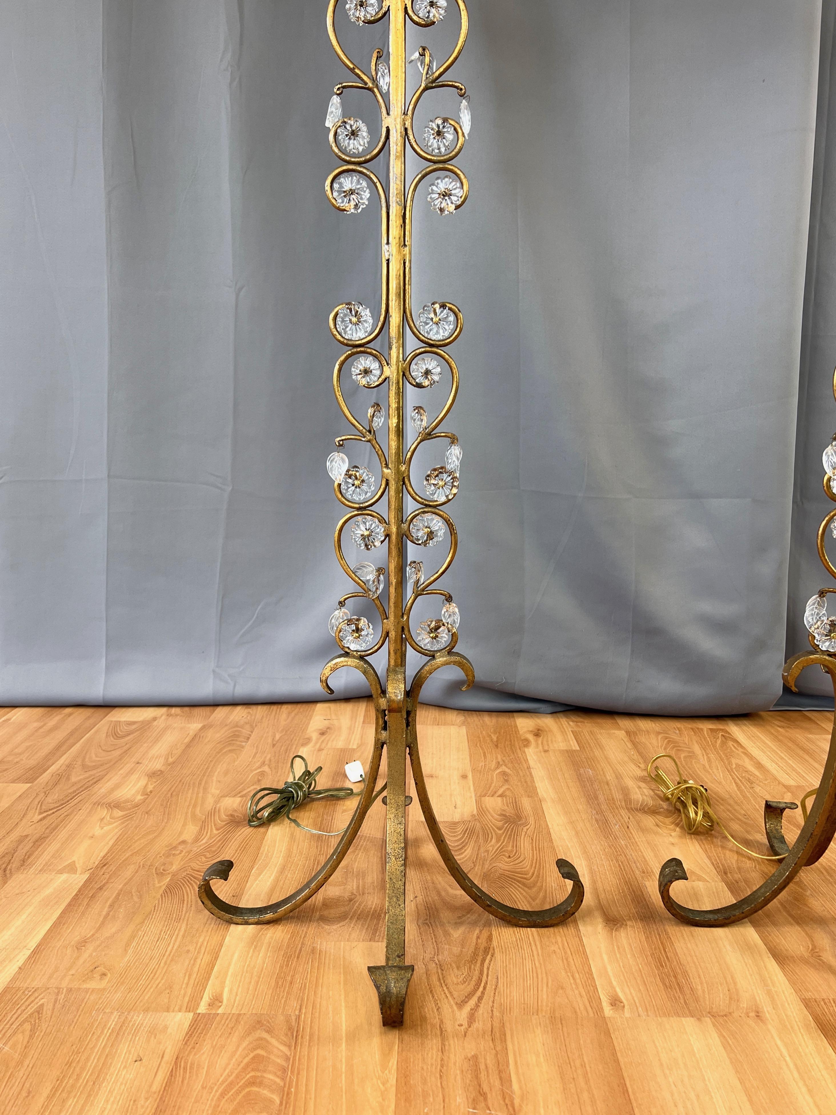 Pair of Italian Gilt Wrought Iron Floor Lamps with Glass Florets & Leaves, 1950s For Sale 2