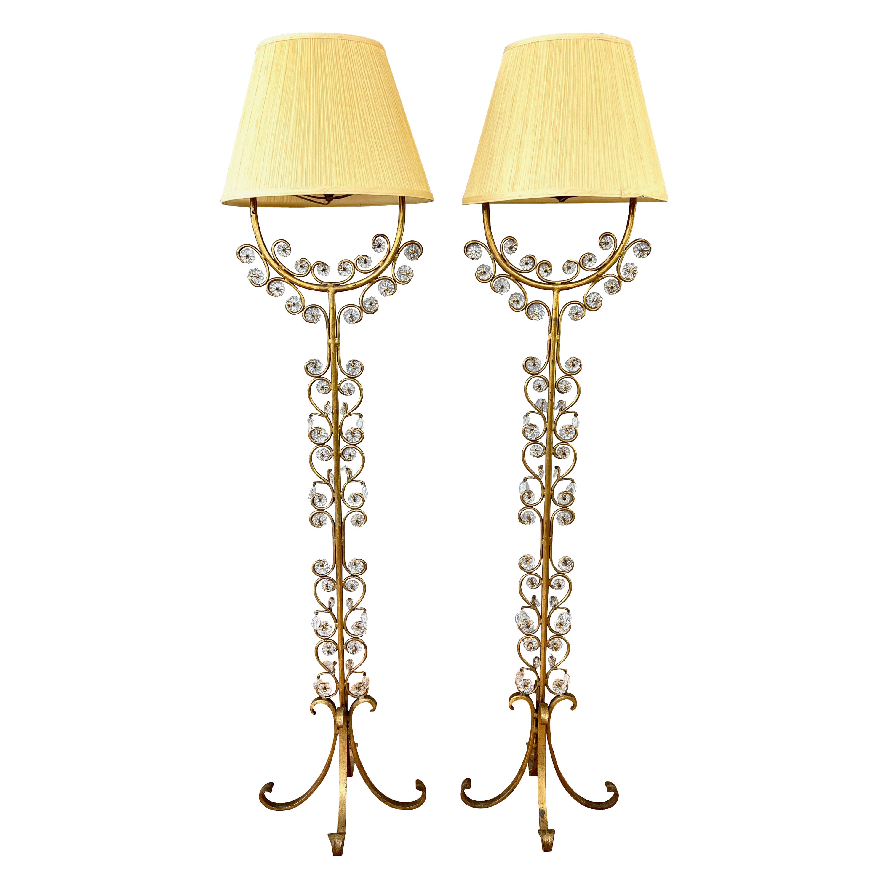 Pair of Italian Gilt Wrought Iron Floor Lamps with Glass Florets 
Leaves, 1950s For Sale