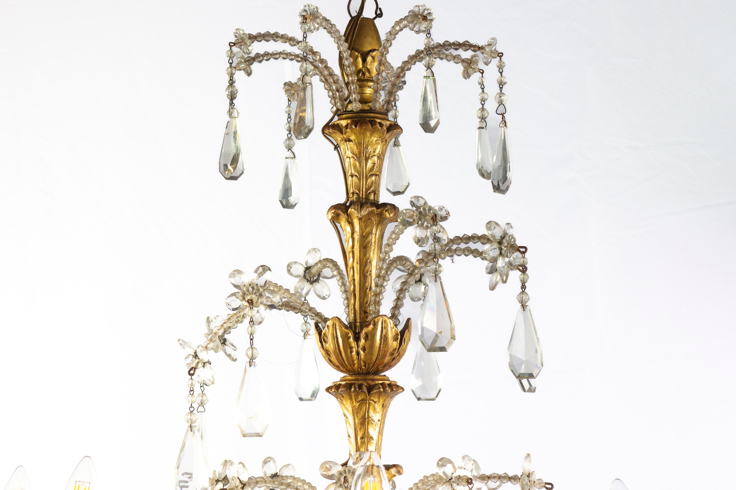 Cut Glass Pair of Italian Giltwood and Crystal Chandelier 18th Century Great Beauty For Sale