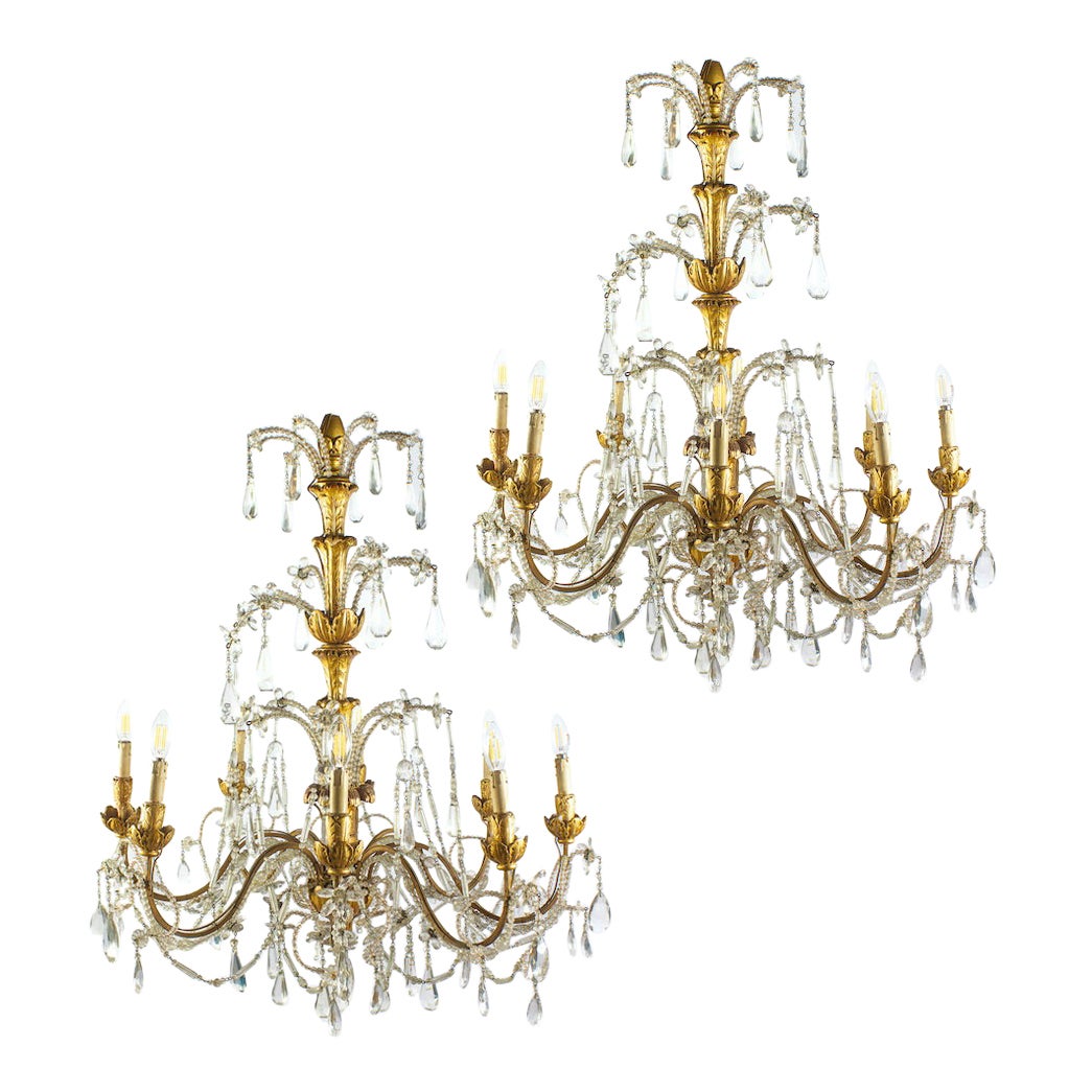 Pair of Italian Giltwood and Crystal Chandelier 18th Century Great Beauty