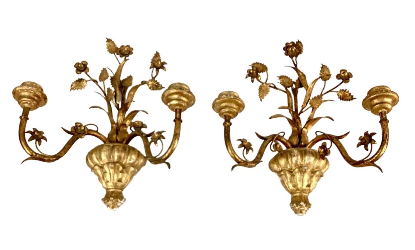 Pair of Italian Giltwood and Metal Sconces 4