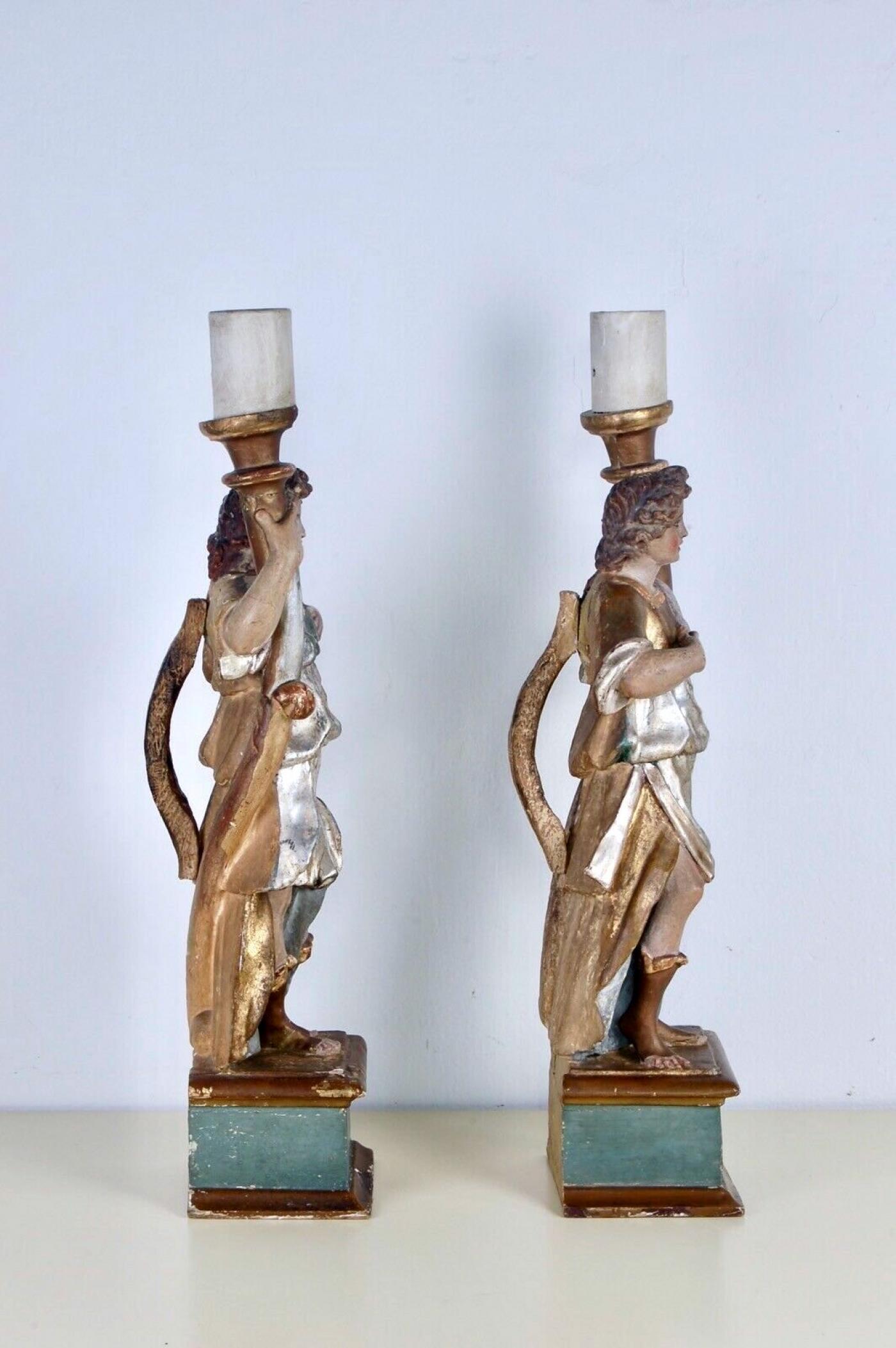 Walnut Pair of Italian Giltwood and Polychrome Torchères, circa 1750 For Sale