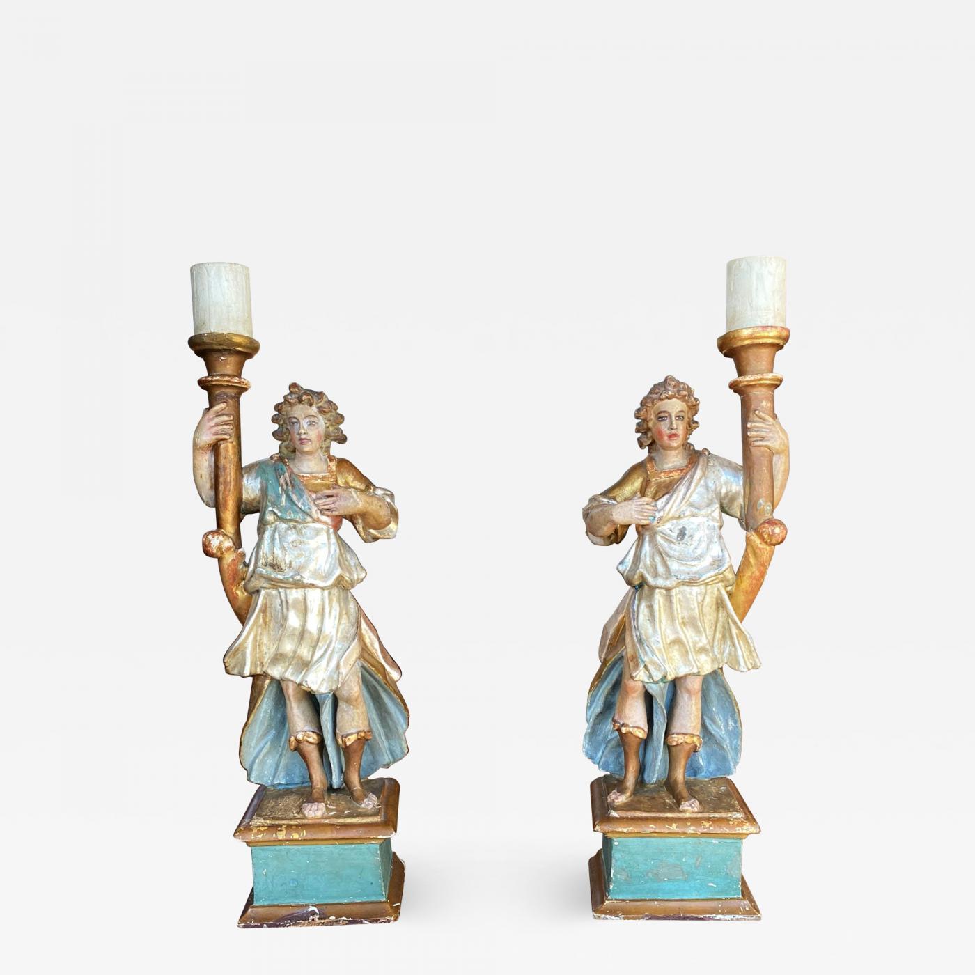 Paire de torchères italiennes en bois doré et polychrome - Vers 1750 en vente 1