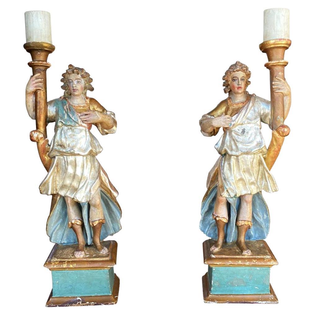 Paire de torchères italiennes en bois doré et polychrome - Vers 1750 en vente