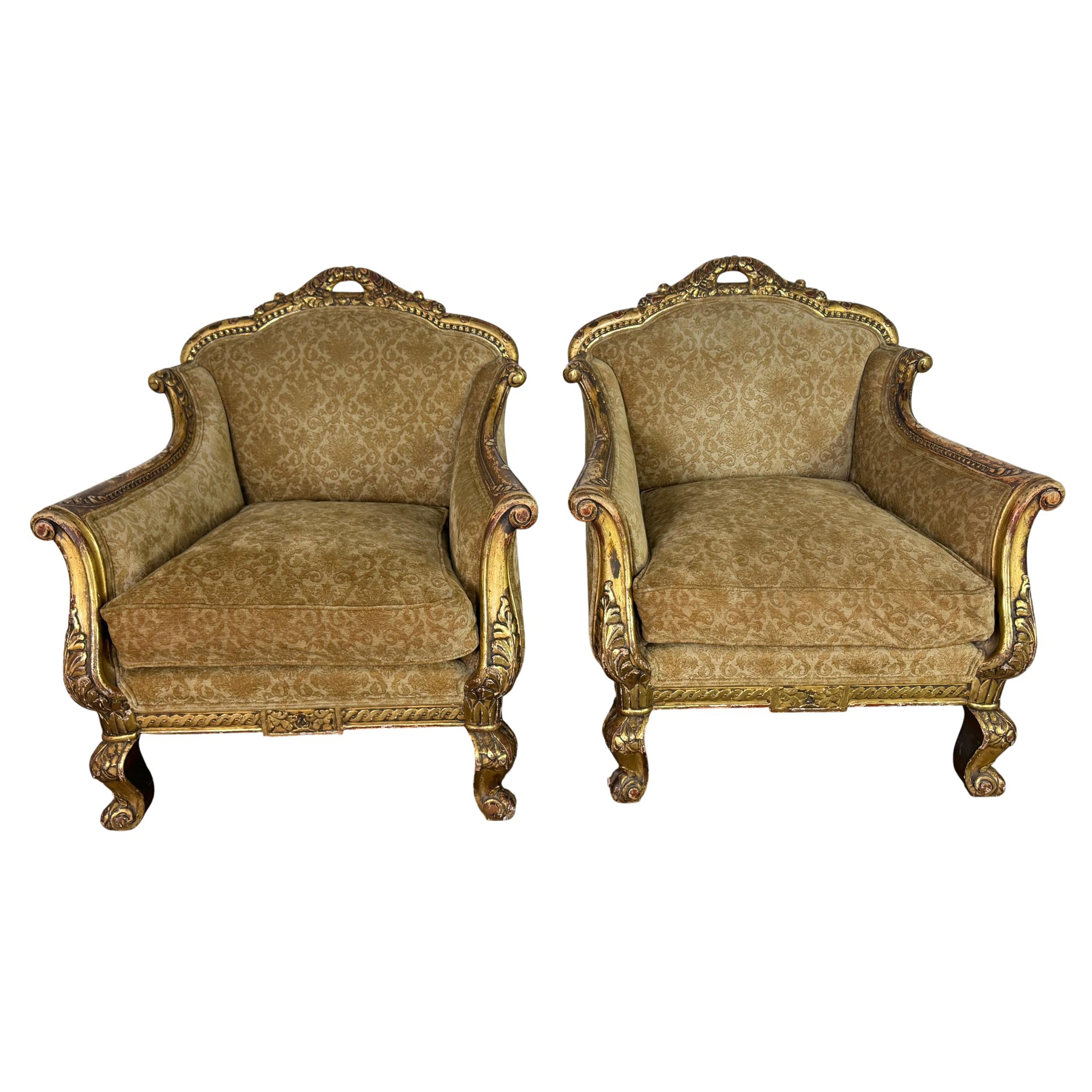 Pair of French Giltwood Armchairs with Damask Upholstery For Sale