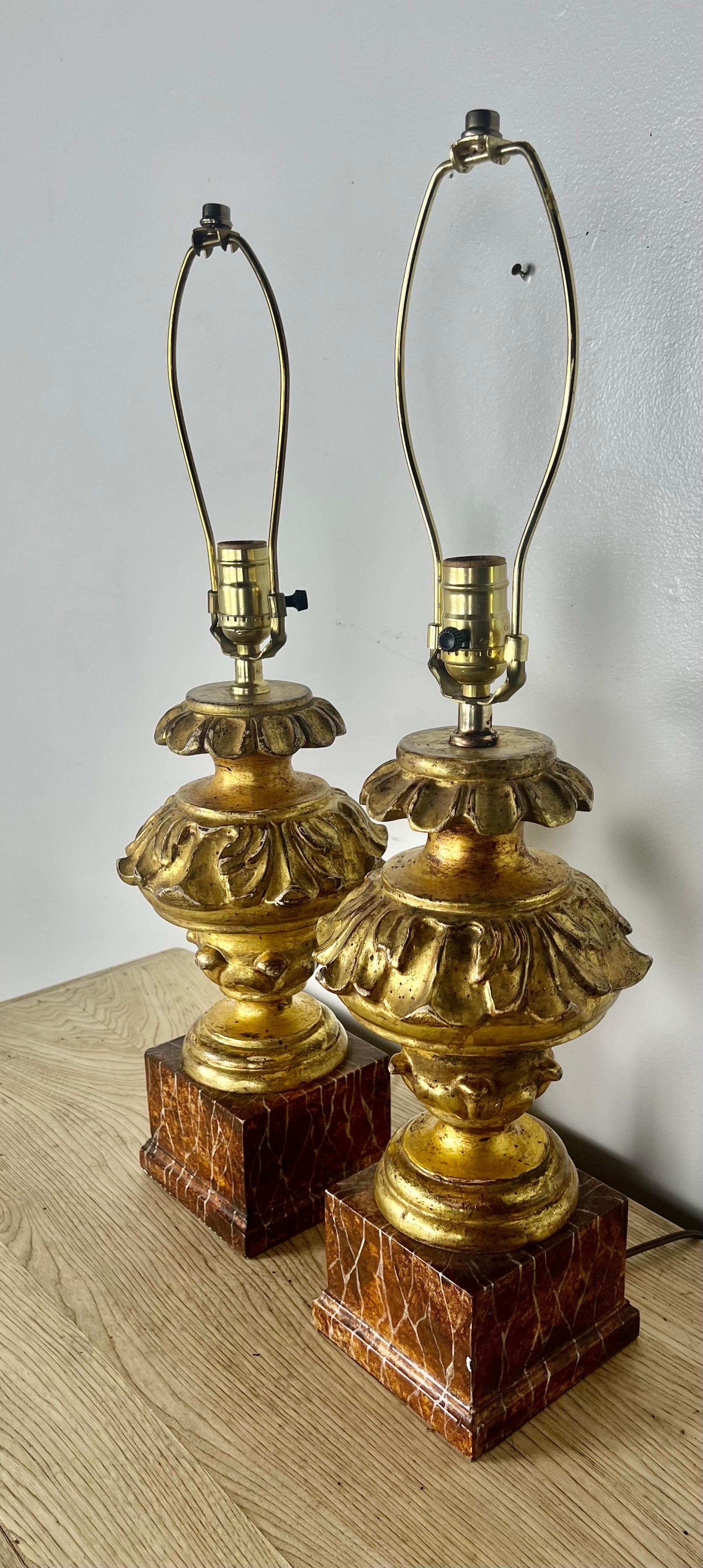 20th Century Pair of Italian Giltwood Carved Lamps on Faux Marble Bases For Sale