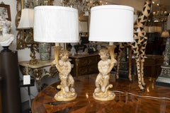 Pair of Italian Giltwood Cherub Candlestick Lamps