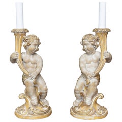 Pair of Italian Giltwood Cherub Candlestick Lamps