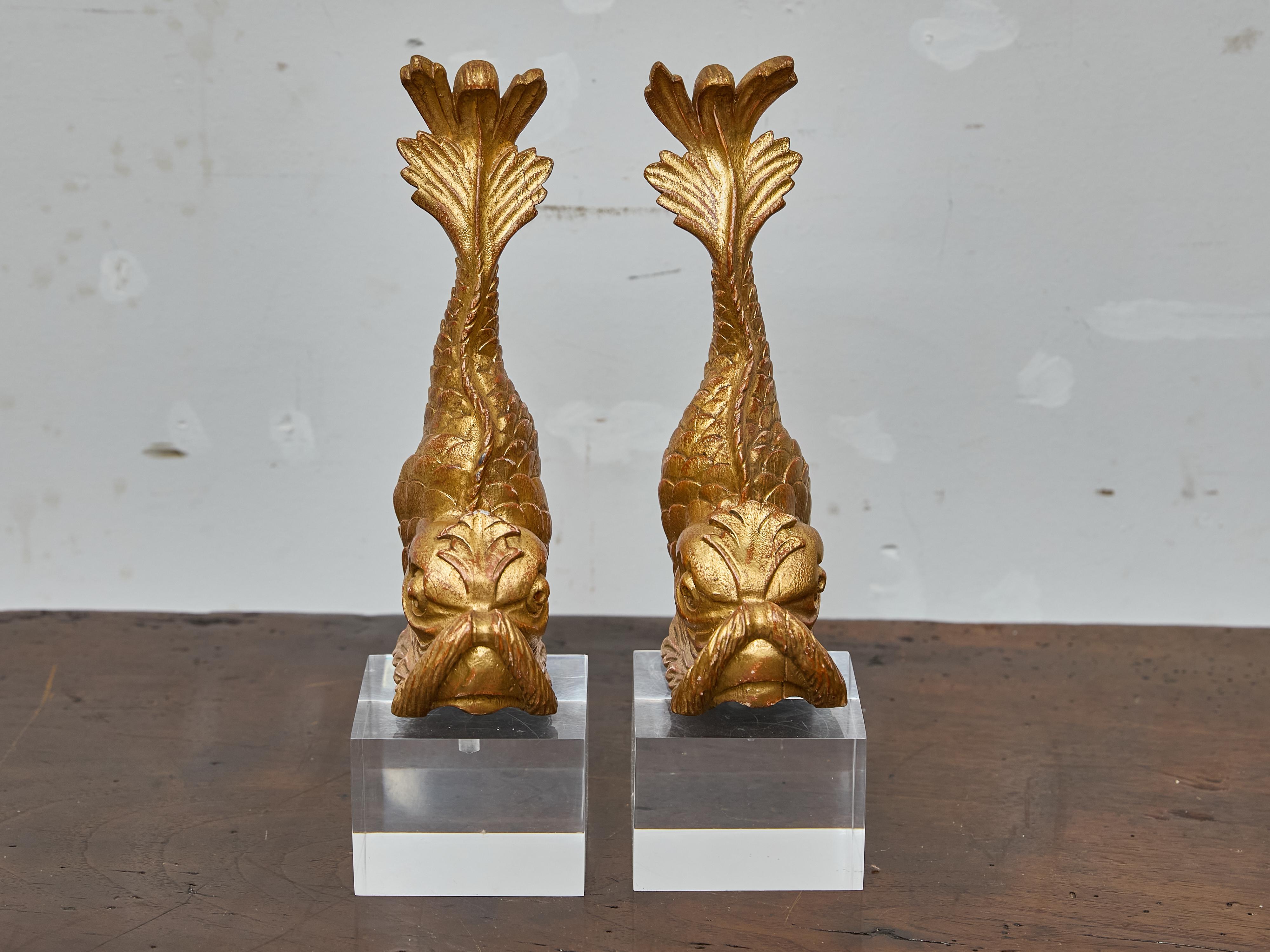 Baroque Pair of Italian Giltwood Dolphin Fragments Made into Table Lamps on Lucite Bases For Sale