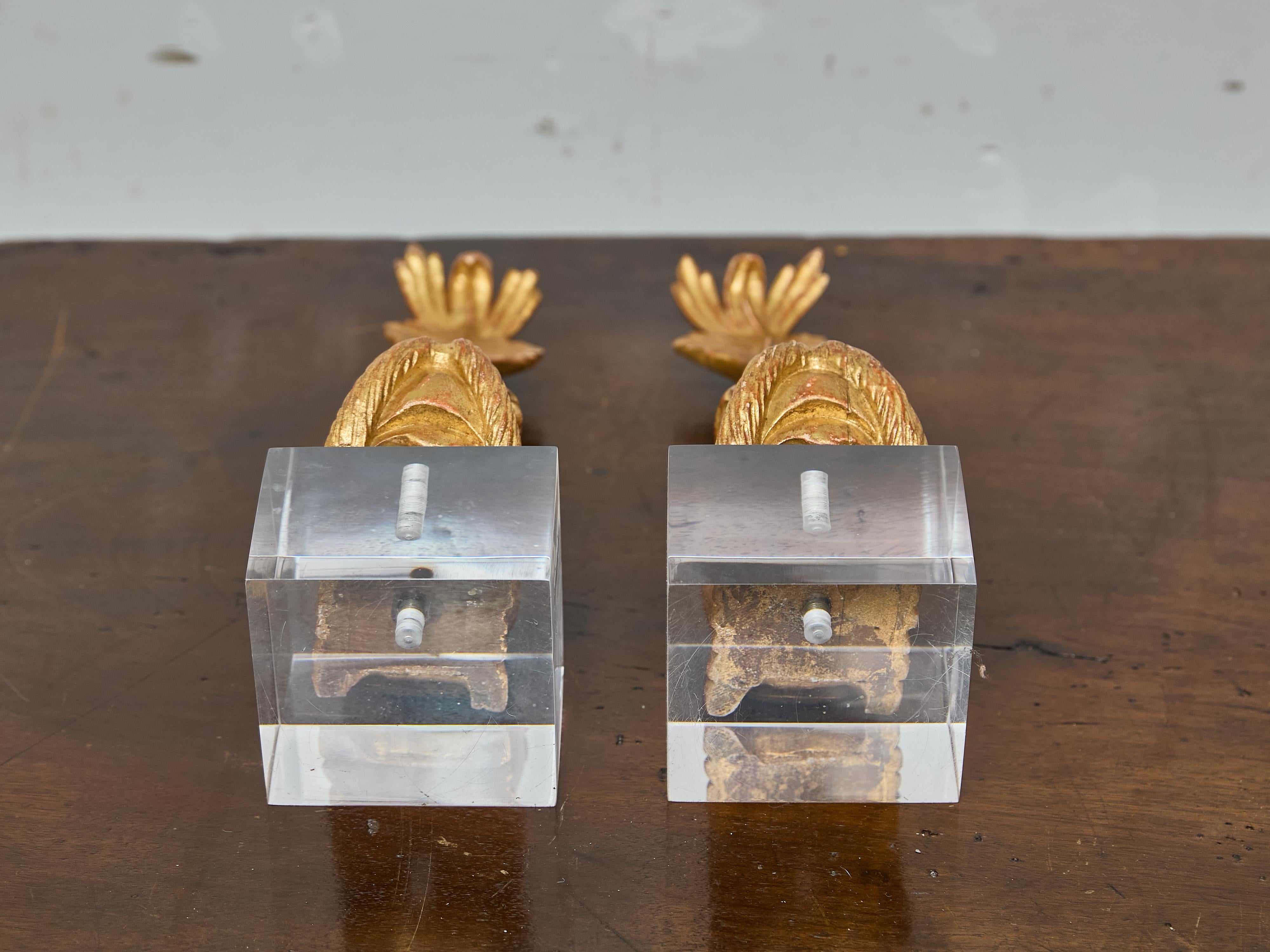19th Century Pair of Italian Giltwood Dolphin Fragments Made into Table Lamps on Lucite Bases For Sale