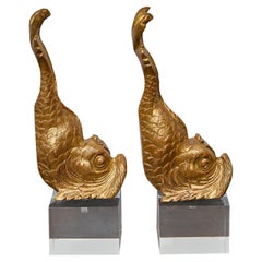 Pair of Italian Giltwood Dolphin Fragments Made into Table Lamps on Lucite Bases
