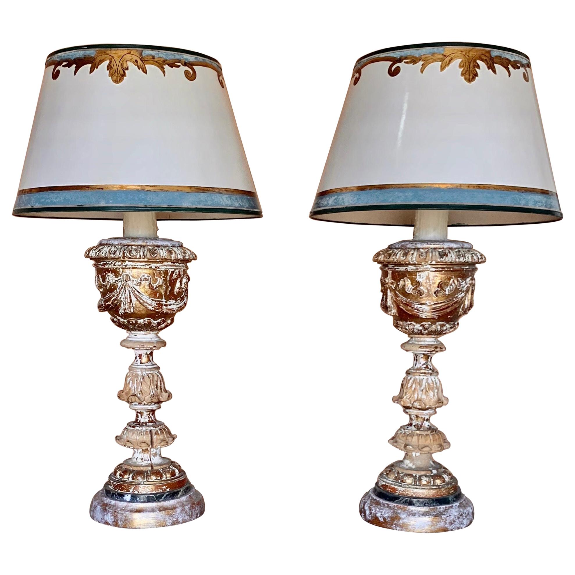 Pair of Italian Giltwood Lamps with Parchment Shades