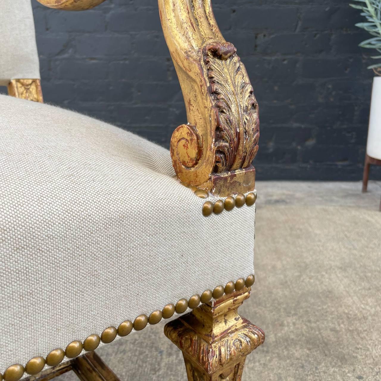 Pair of Italian Giltwood & Linen Arm Chairs For Sale 5