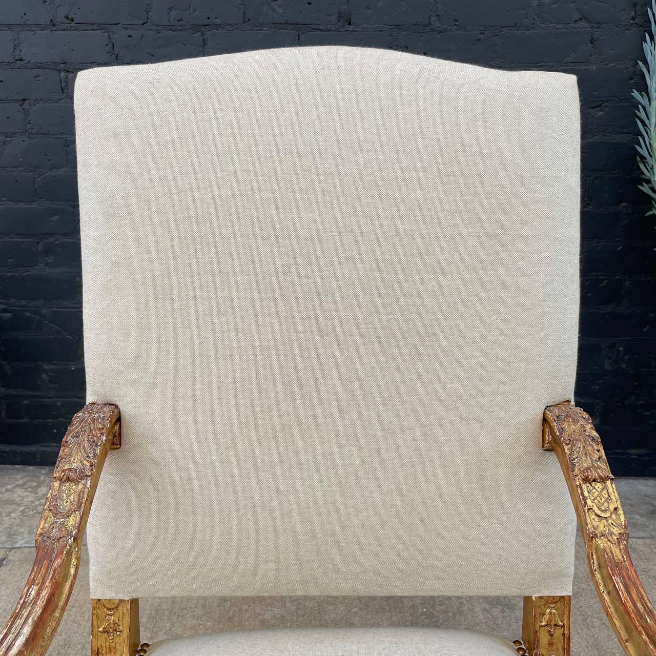 Pair of Italian Giltwood & Linen Arm Chairs For Sale 7