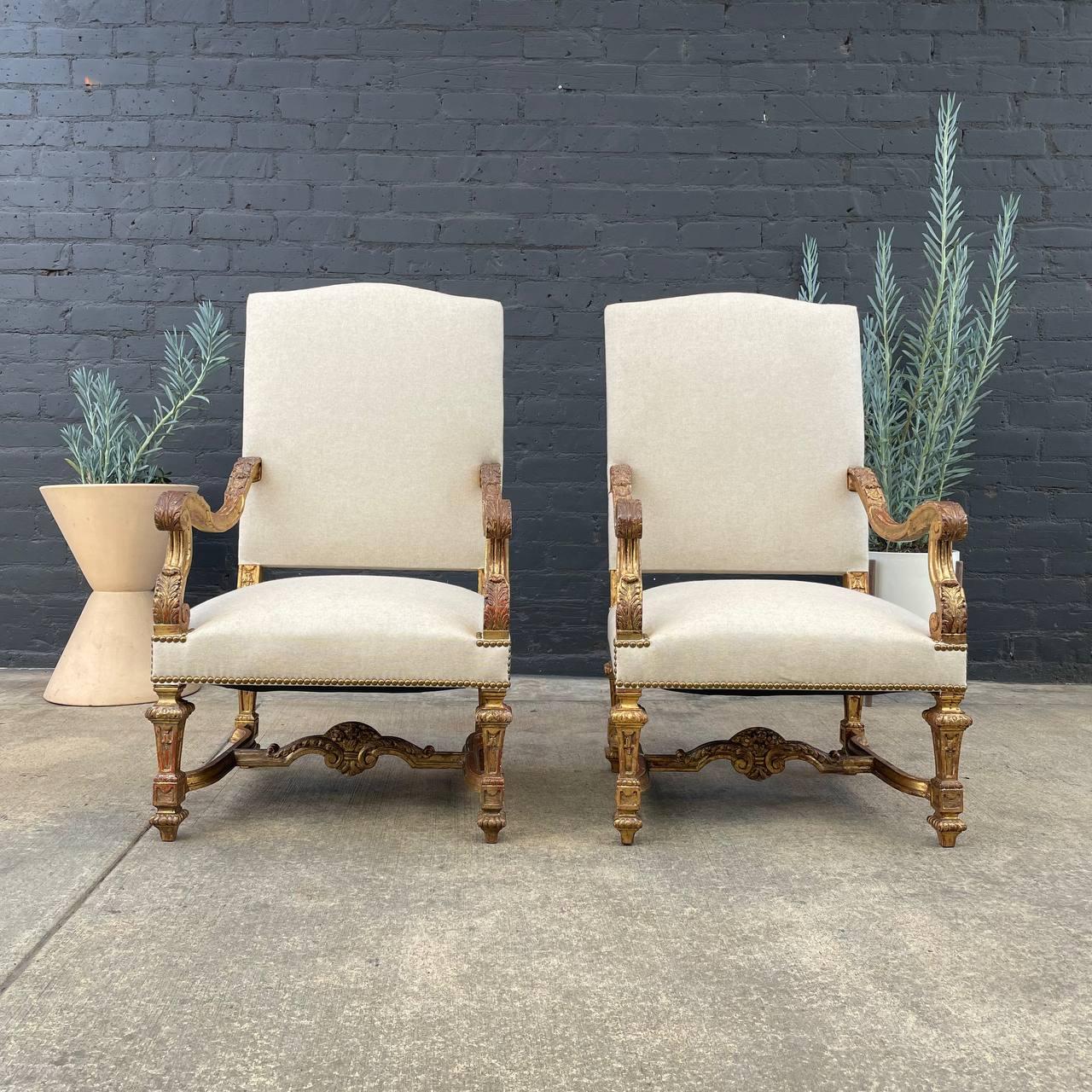 Louis XIV Pair of Italian Giltwood & Linen Arm Chairs For Sale