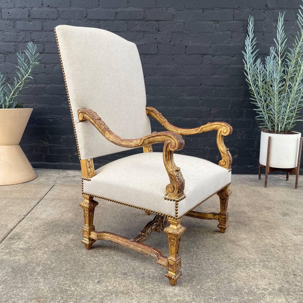 Pair of Italian Giltwood & Linen Arm Chairs In Good Condition For Sale In Los Angeles, CA