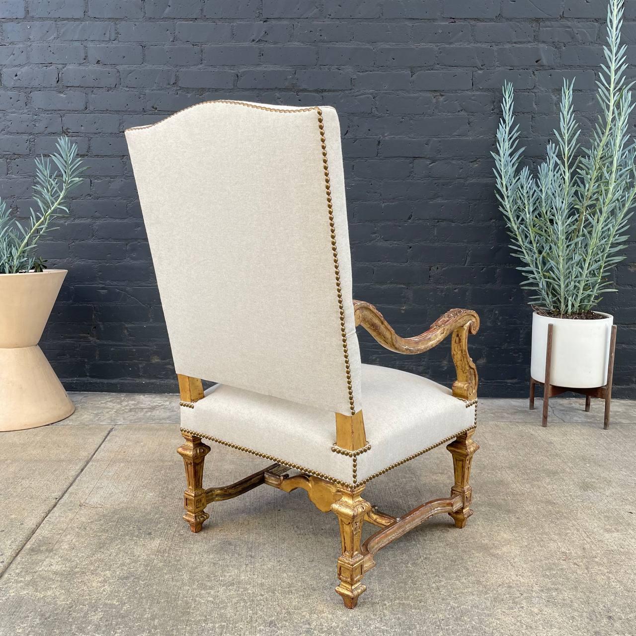 20th Century Pair of Italian Giltwood & Linen Arm Chairs For Sale