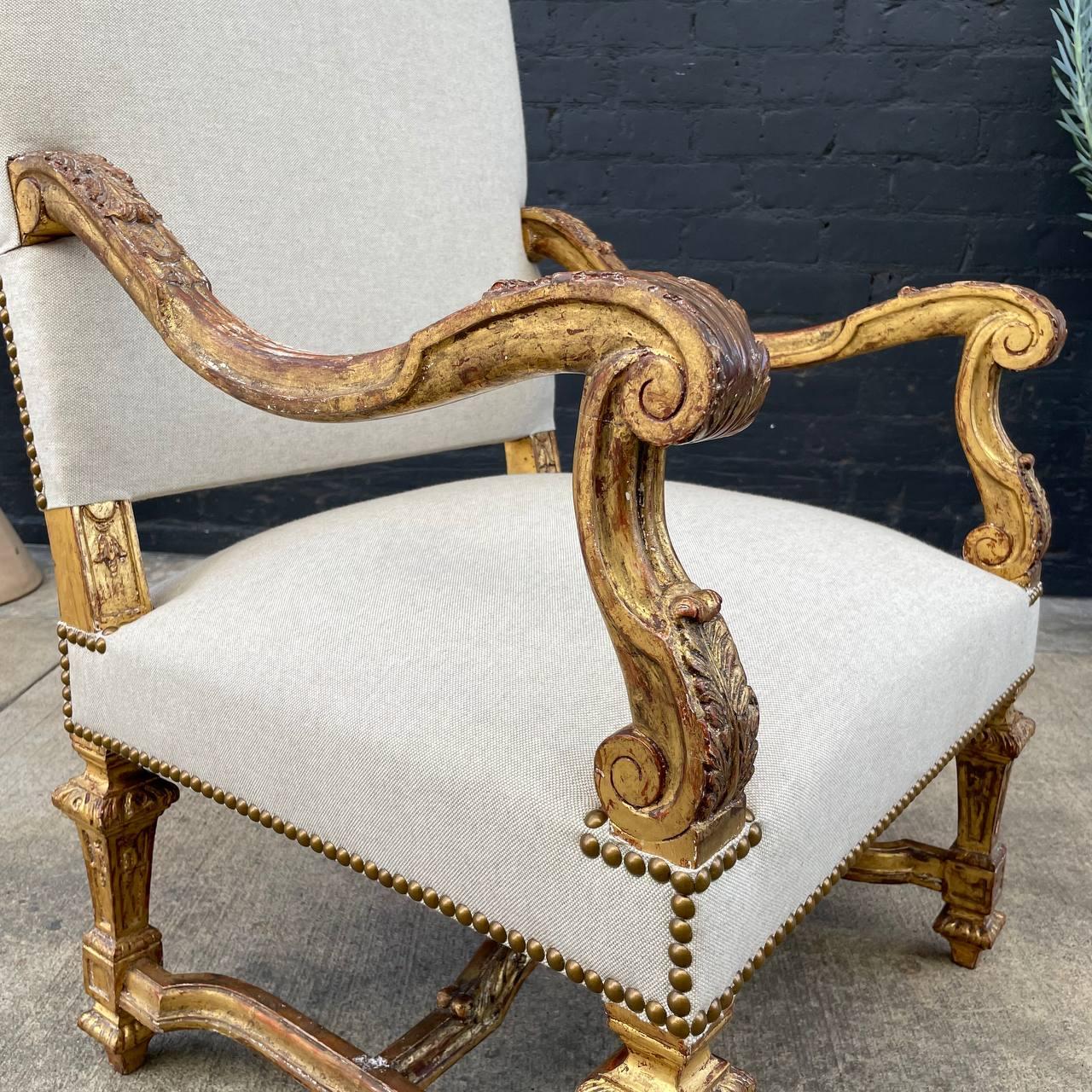 Fabric Pair of Italian Giltwood & Linen Arm Chairs For Sale