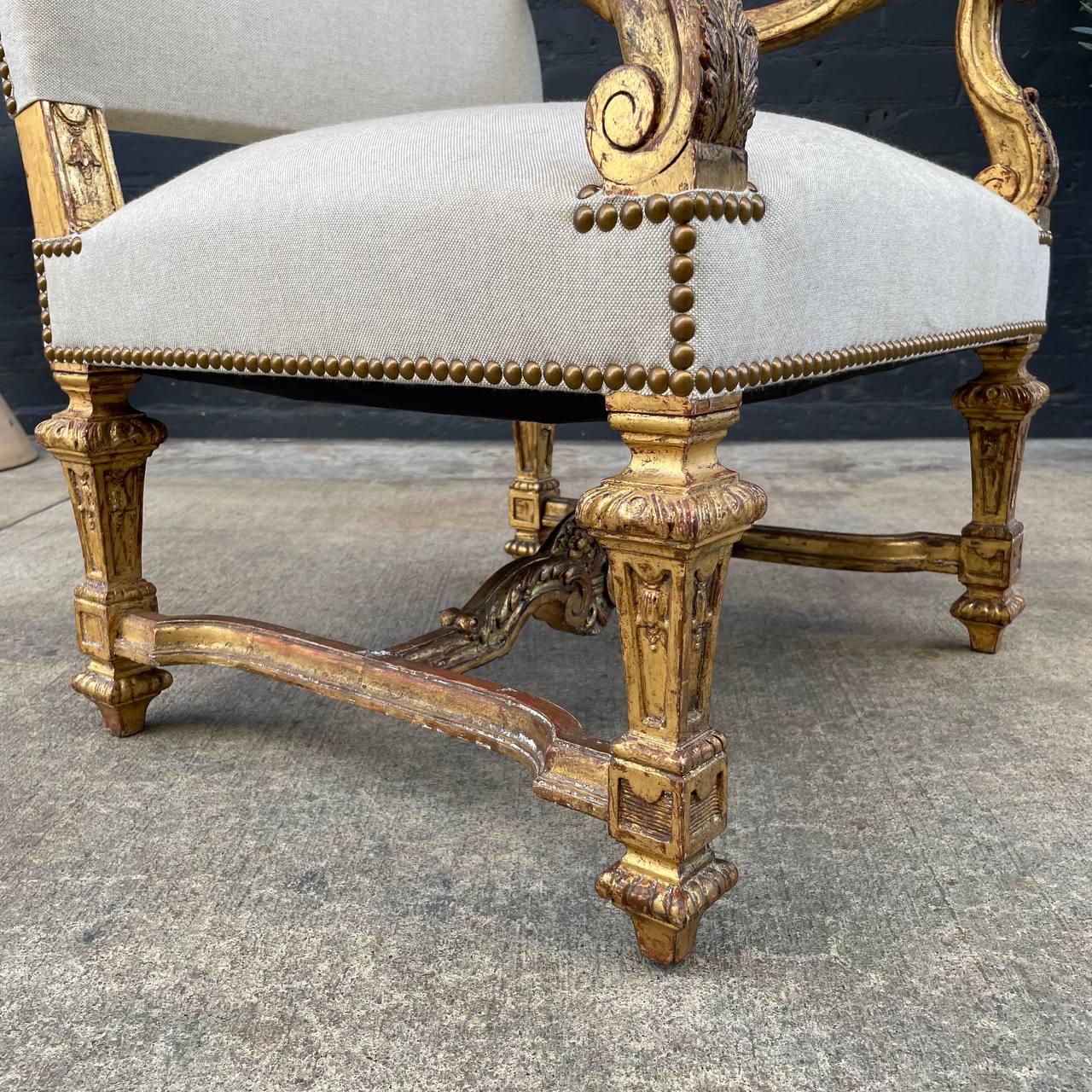 Pair of Italian Giltwood & Linen Arm Chairs For Sale 1