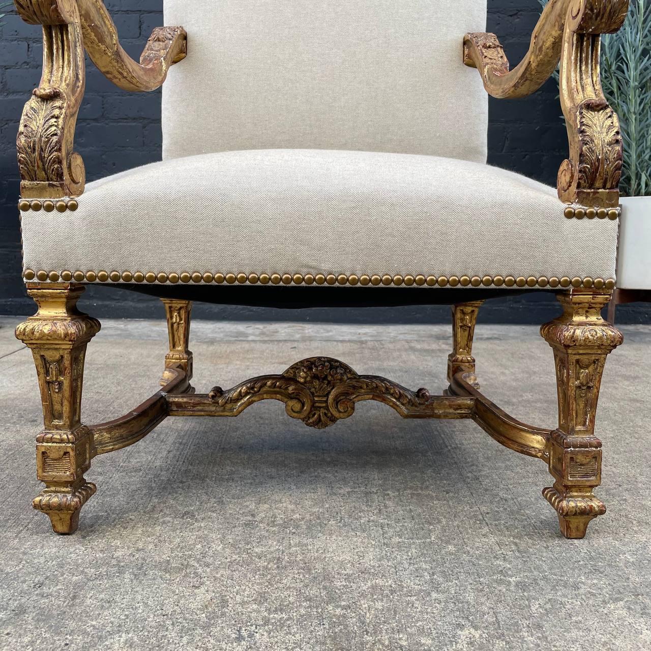 Pair of Italian Giltwood & Linen Arm Chairs For Sale 2