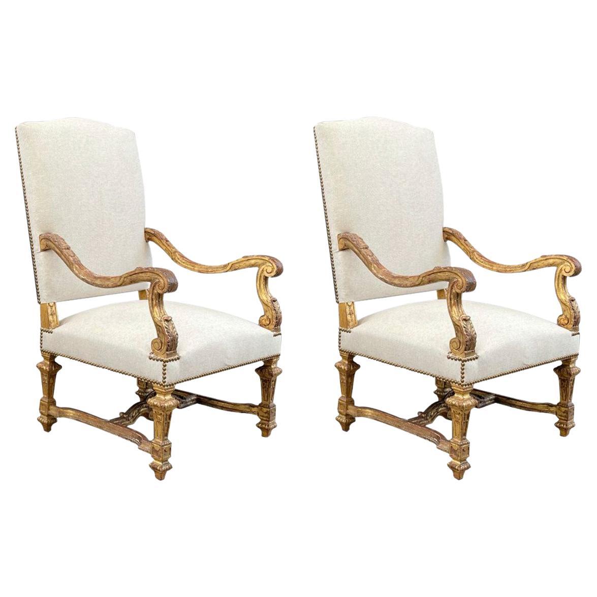 Pair of Italian Giltwood & Linen Arm Chairs
