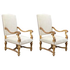 Vintage Pair of Italian Giltwood & Linen Arm Chairs