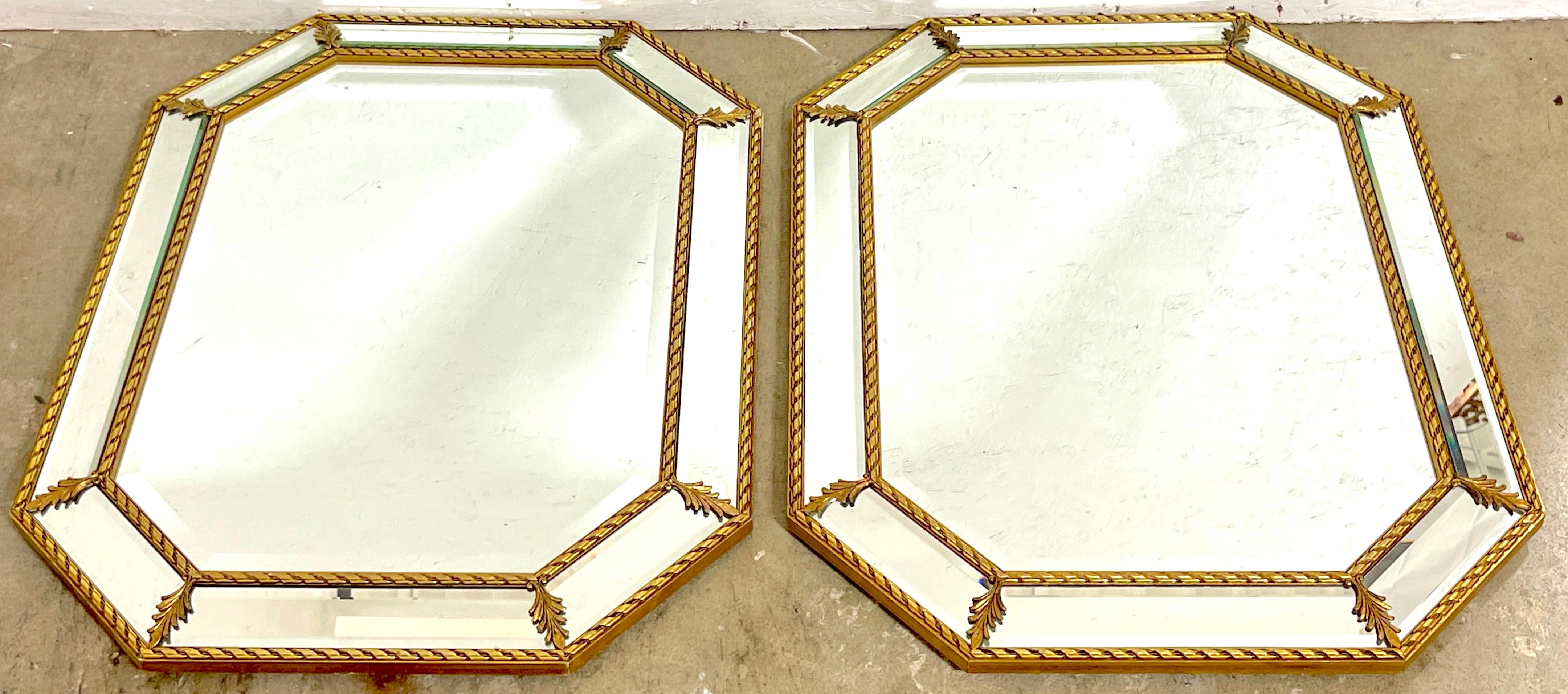 Carved Pair of Italian Giltwood Neoclassical Beveled Mirrors  For Sale