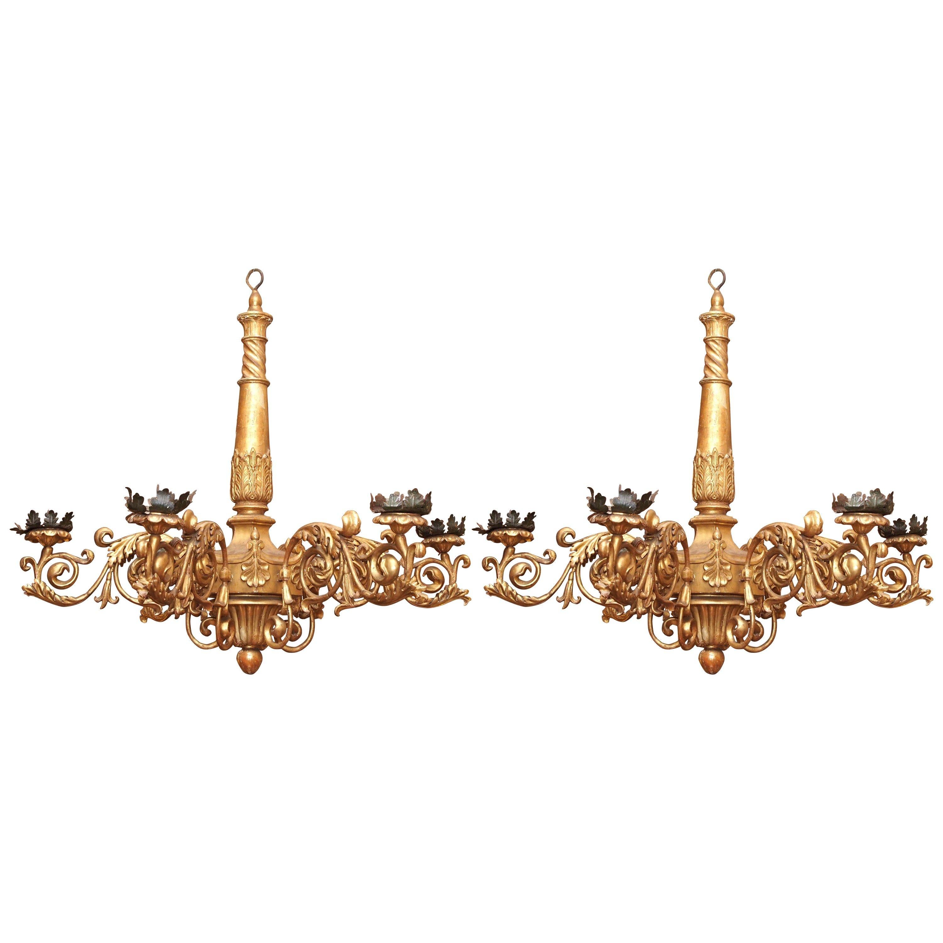 Pair of Italian Giltwood Regence Style Chandeliers For Sale