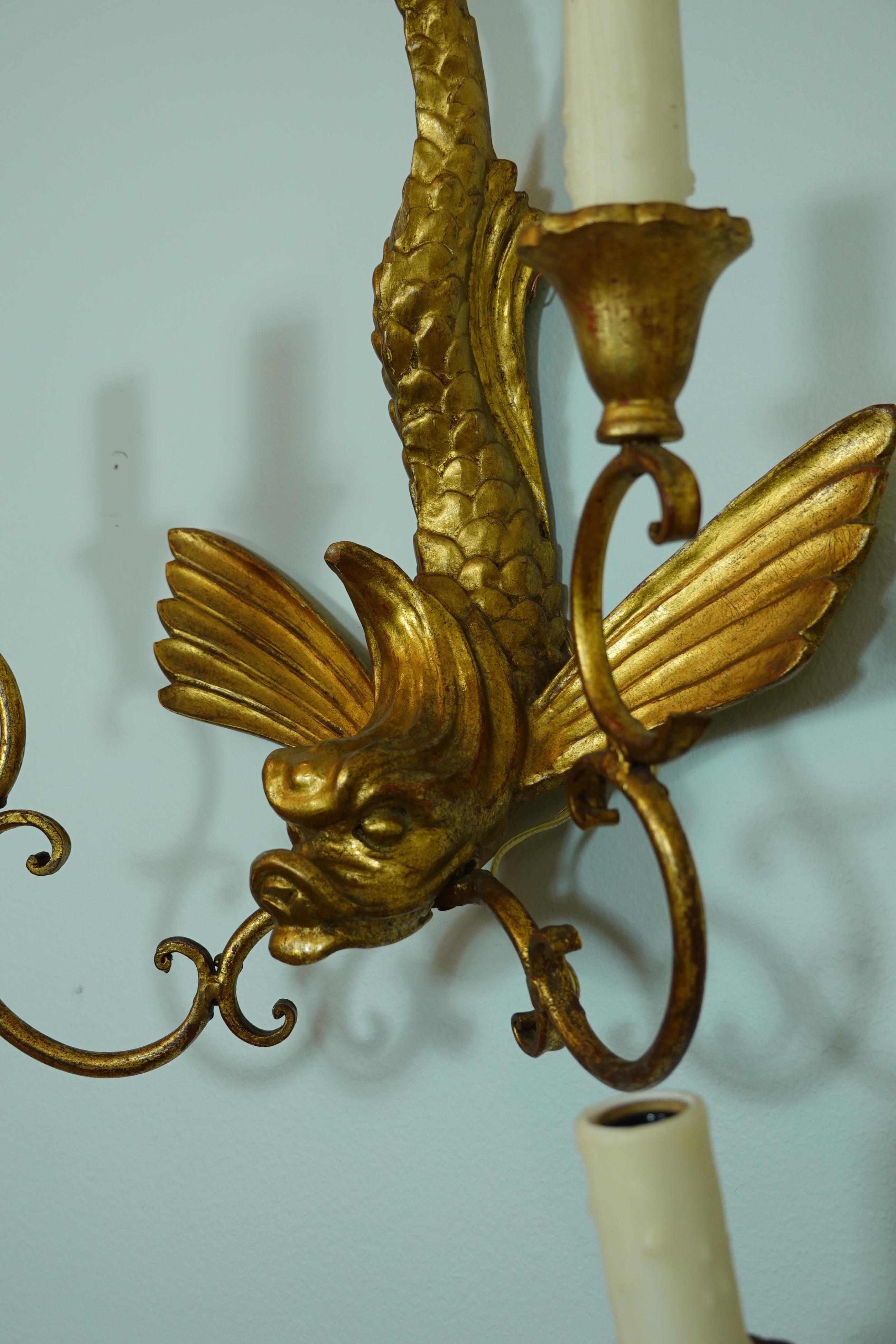Pair of Italian Giltwood Sconces Featuring Mythical Dolphins For Sale 3