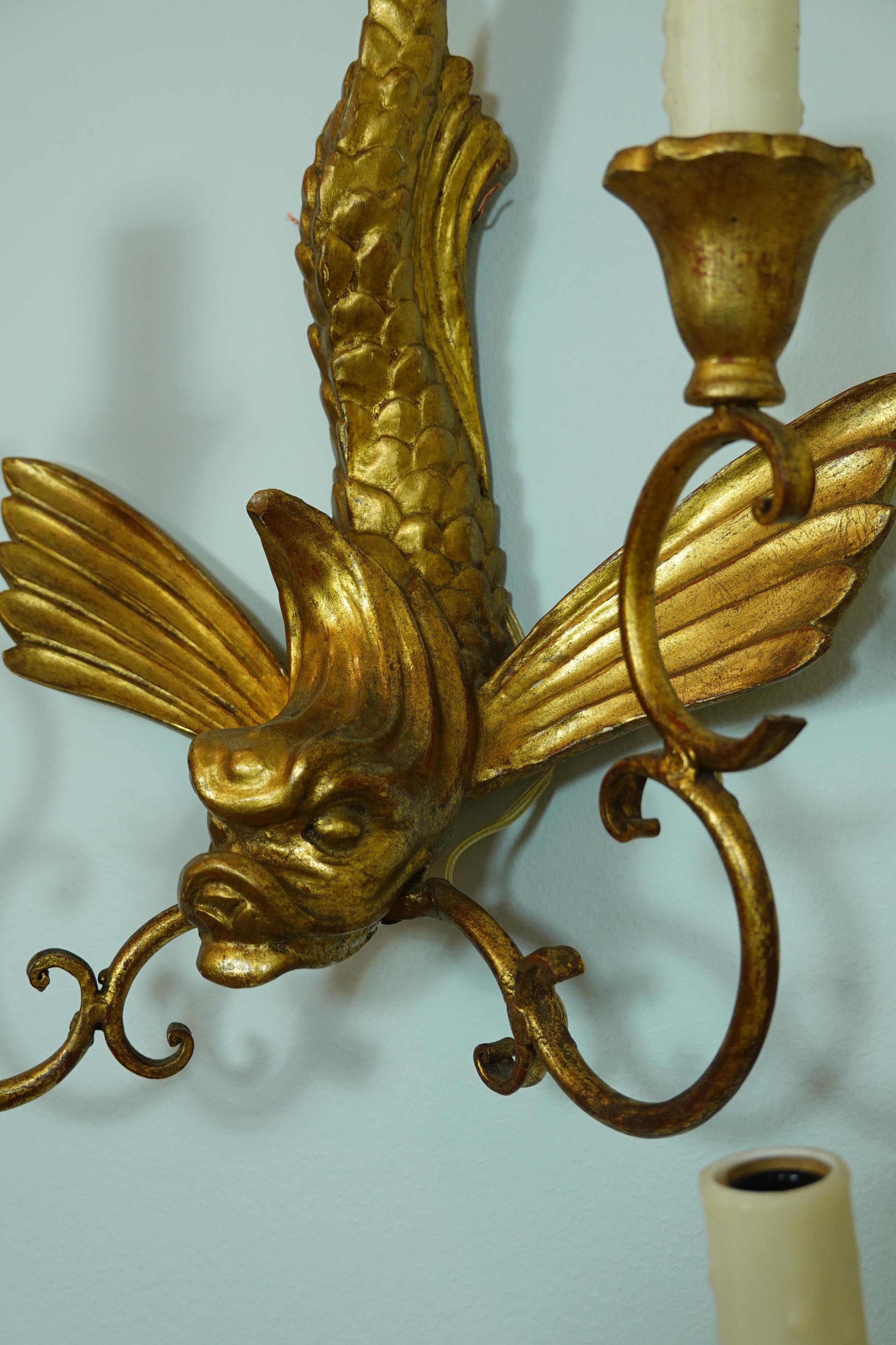 Pair of Italian Giltwood Sconces Featuring Mythical Dolphins 5