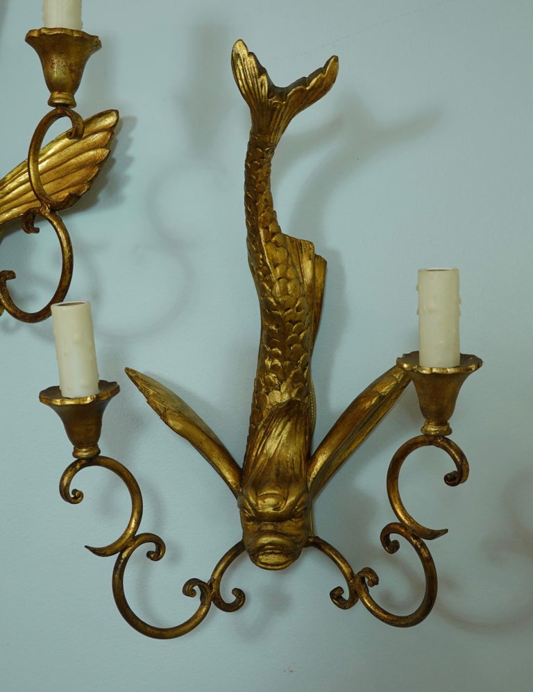 Pair of Italian Giltwood Sconces Featuring Mythical Dolphins For Sale 5