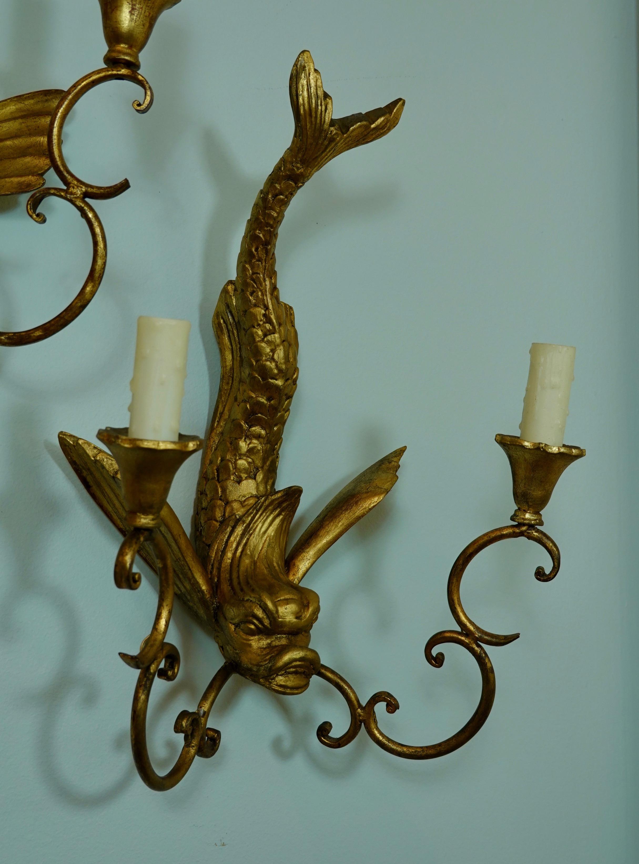 Pair of Italian Giltwood Sconces Featuring Mythical Dolphins 7