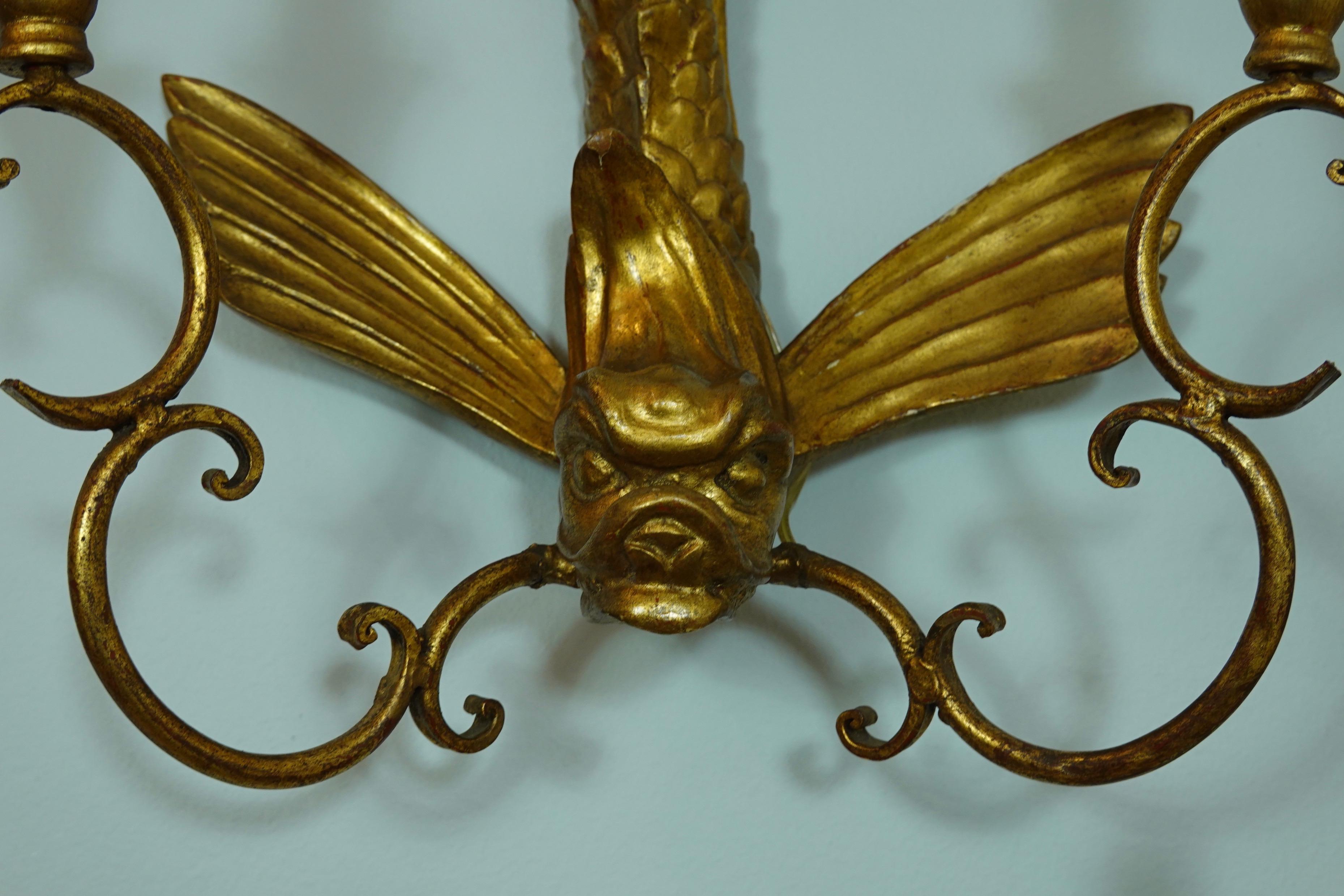 Pair of Italian Giltwood Sconces Featuring Mythical Dolphins 3