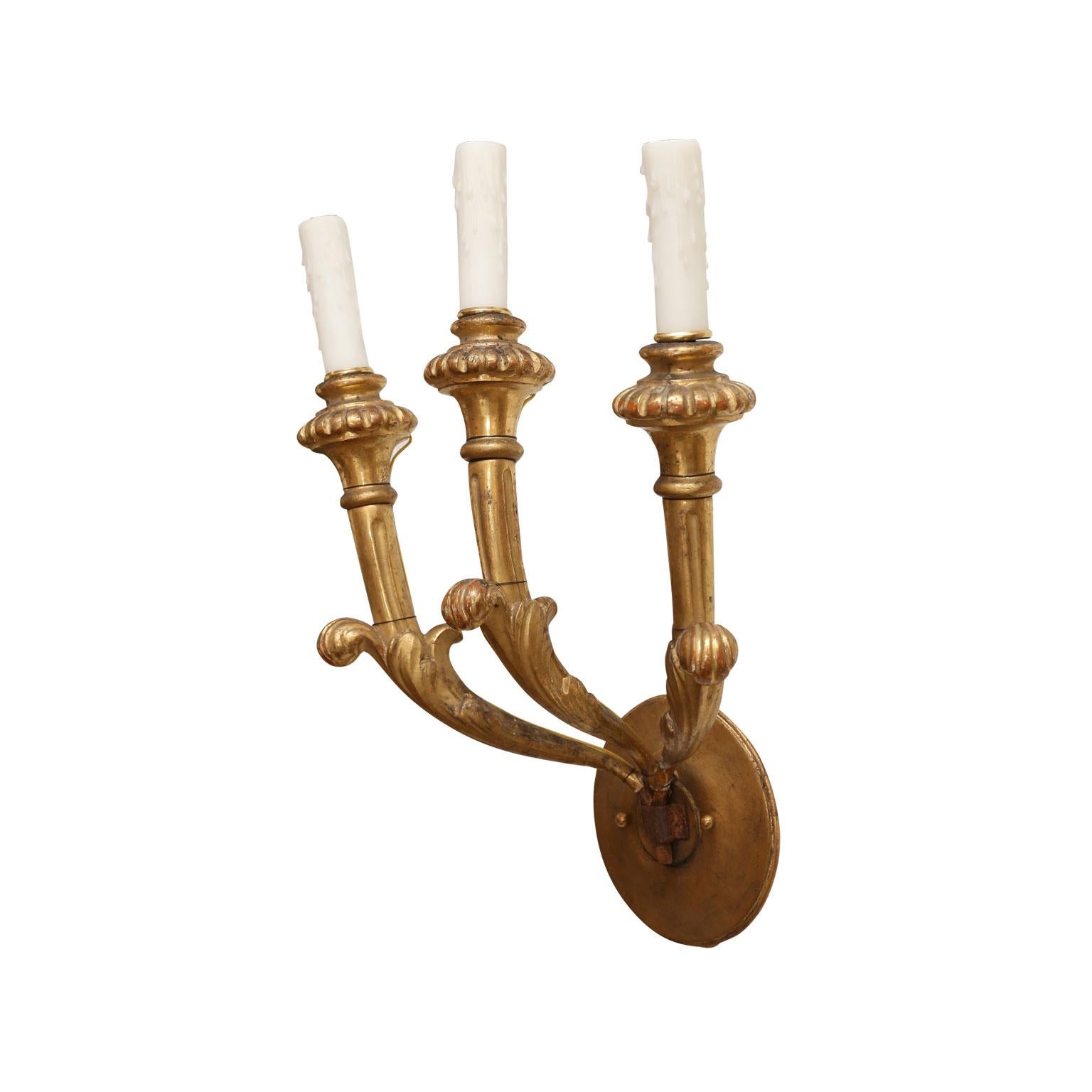 French Provincial Pair of Italian Giltwood Sconces